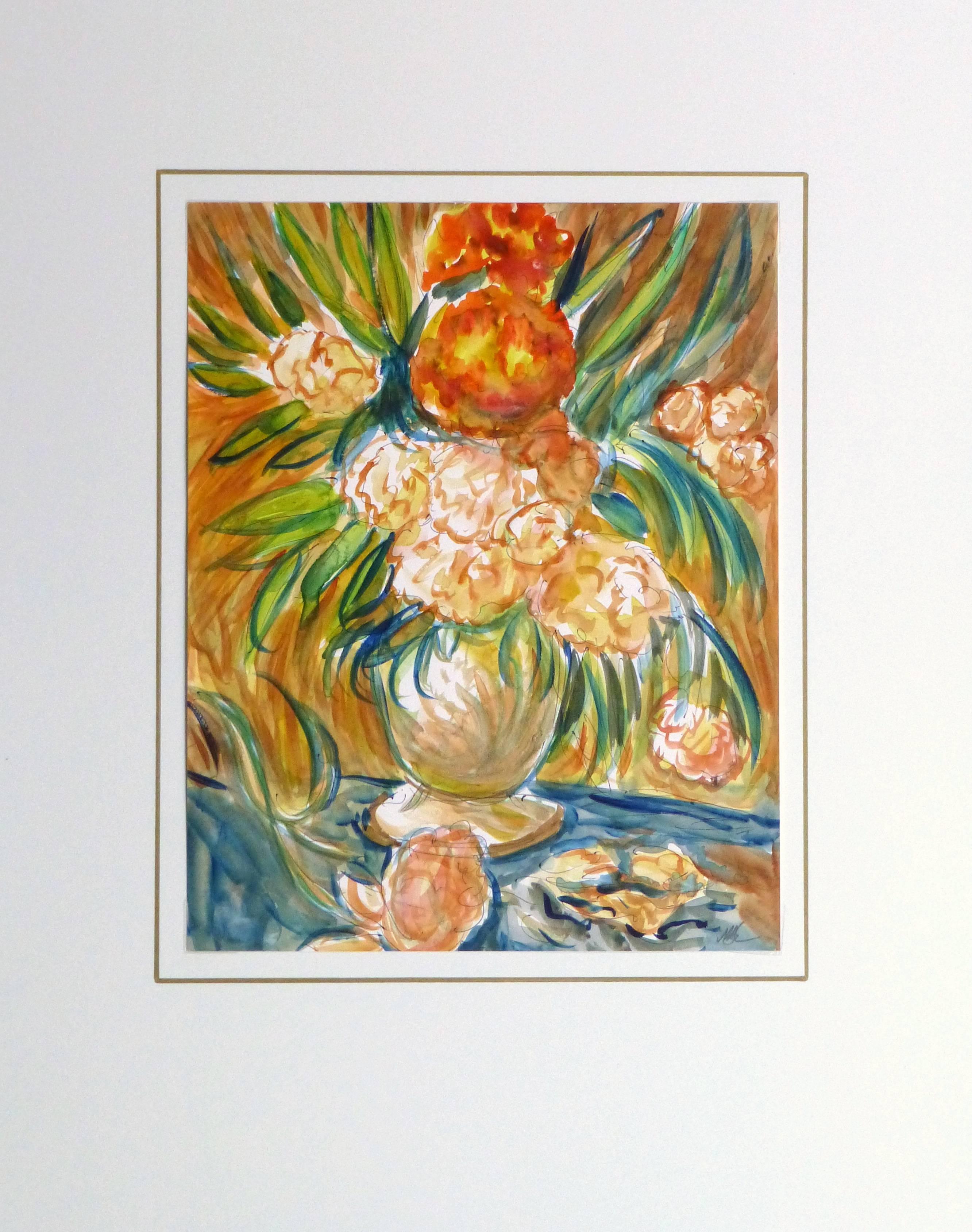 Colorful Floral Bouquet and Tangerine Still Life Painting 1