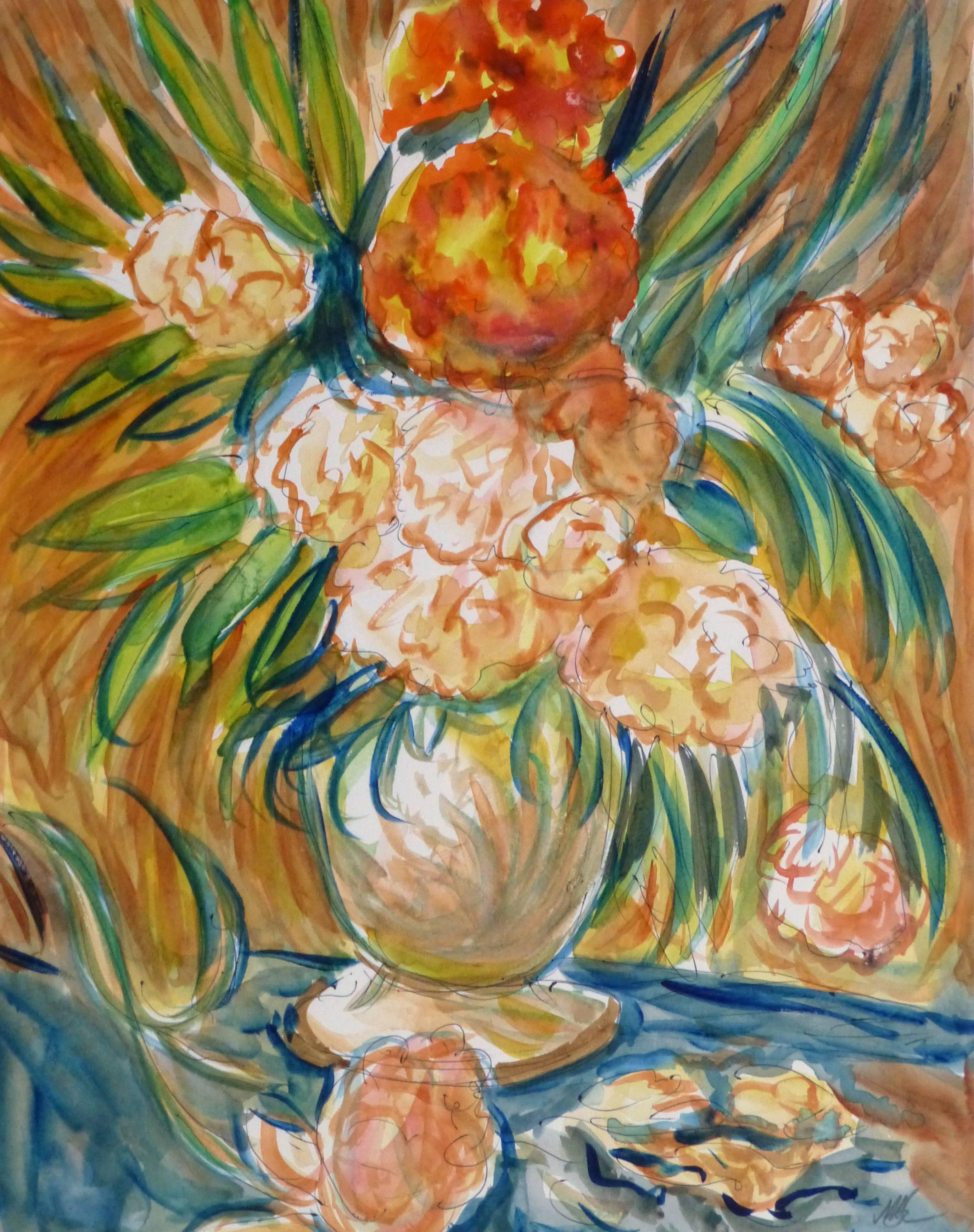 Unknown Still-Life Painting - Colorful Floral Bouquet and Tangerine Still Life Painting