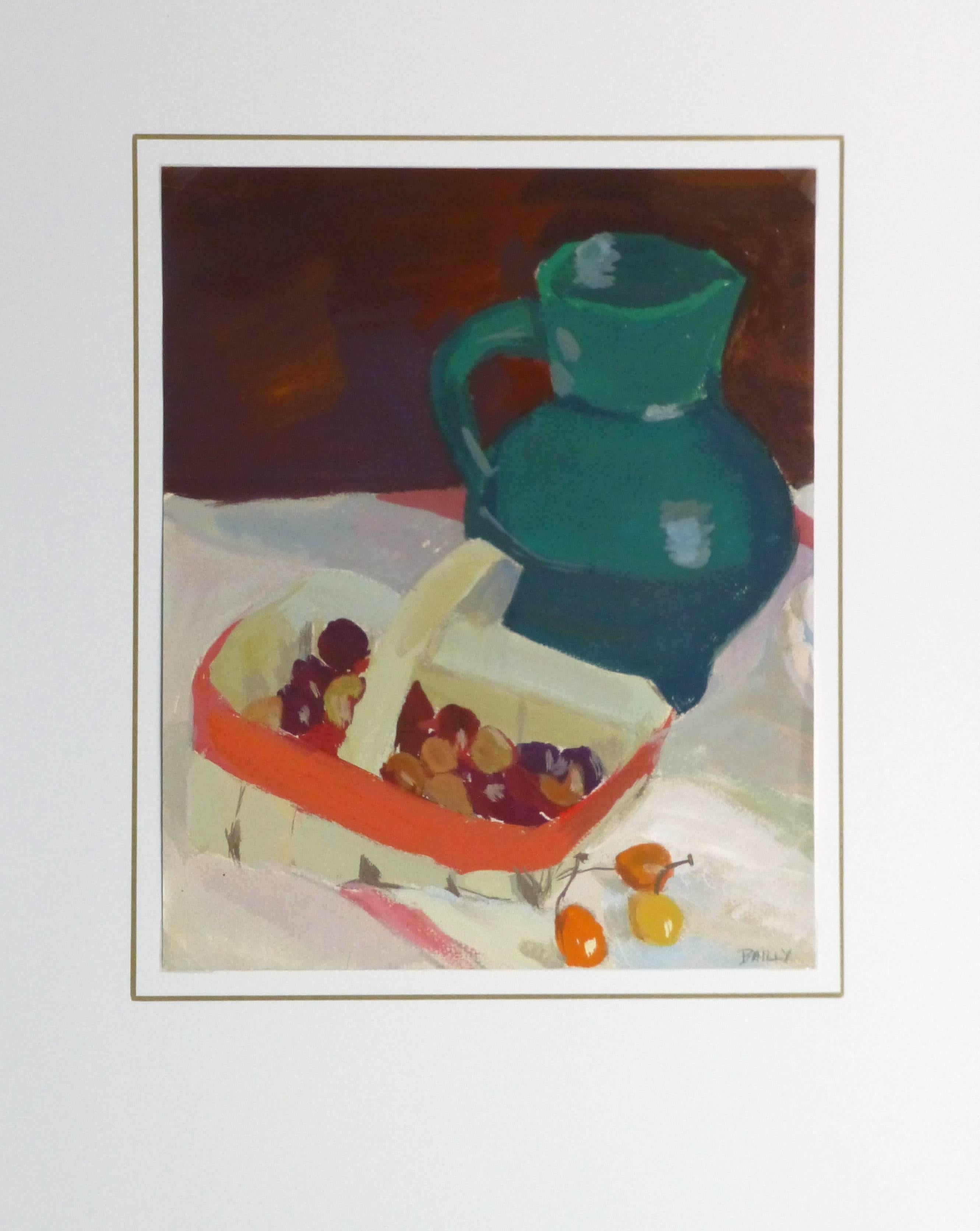 Richly-hued still life painting featuring a dark green pitcher and a basket of varicolored cherries, by French artist Raymond Bailly, circa 1950. Signed lower right. 

Original artwork on paper displayed on a white mat with a gold border. Archival
