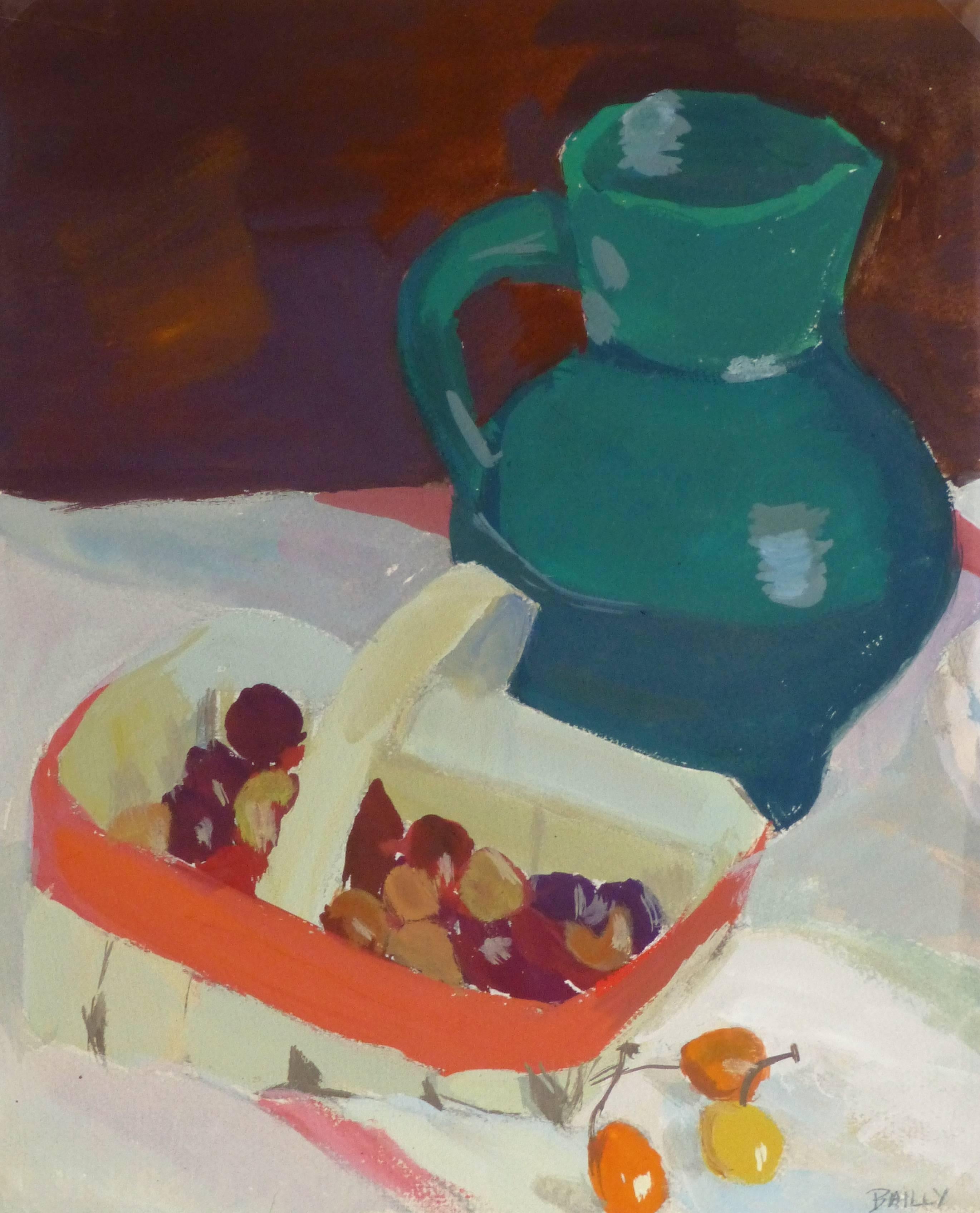 Raymond Bailly Still-Life Painting - Vintage Mid-Century French Still Life - Pitcher & Cherries