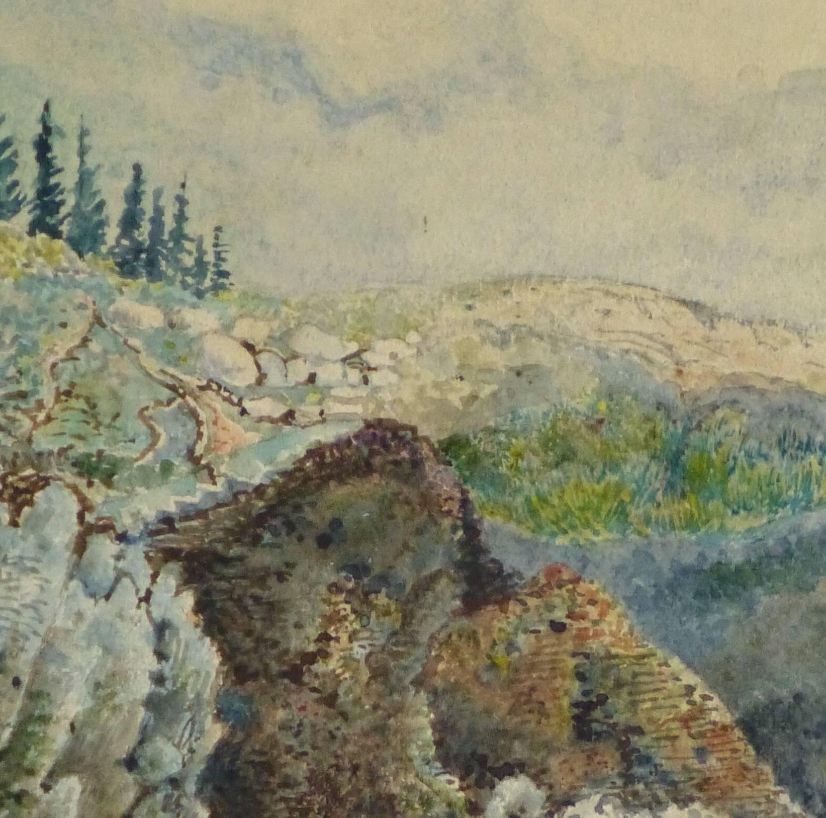 Antique French Watercolor - The Overlook - Art by Unknown