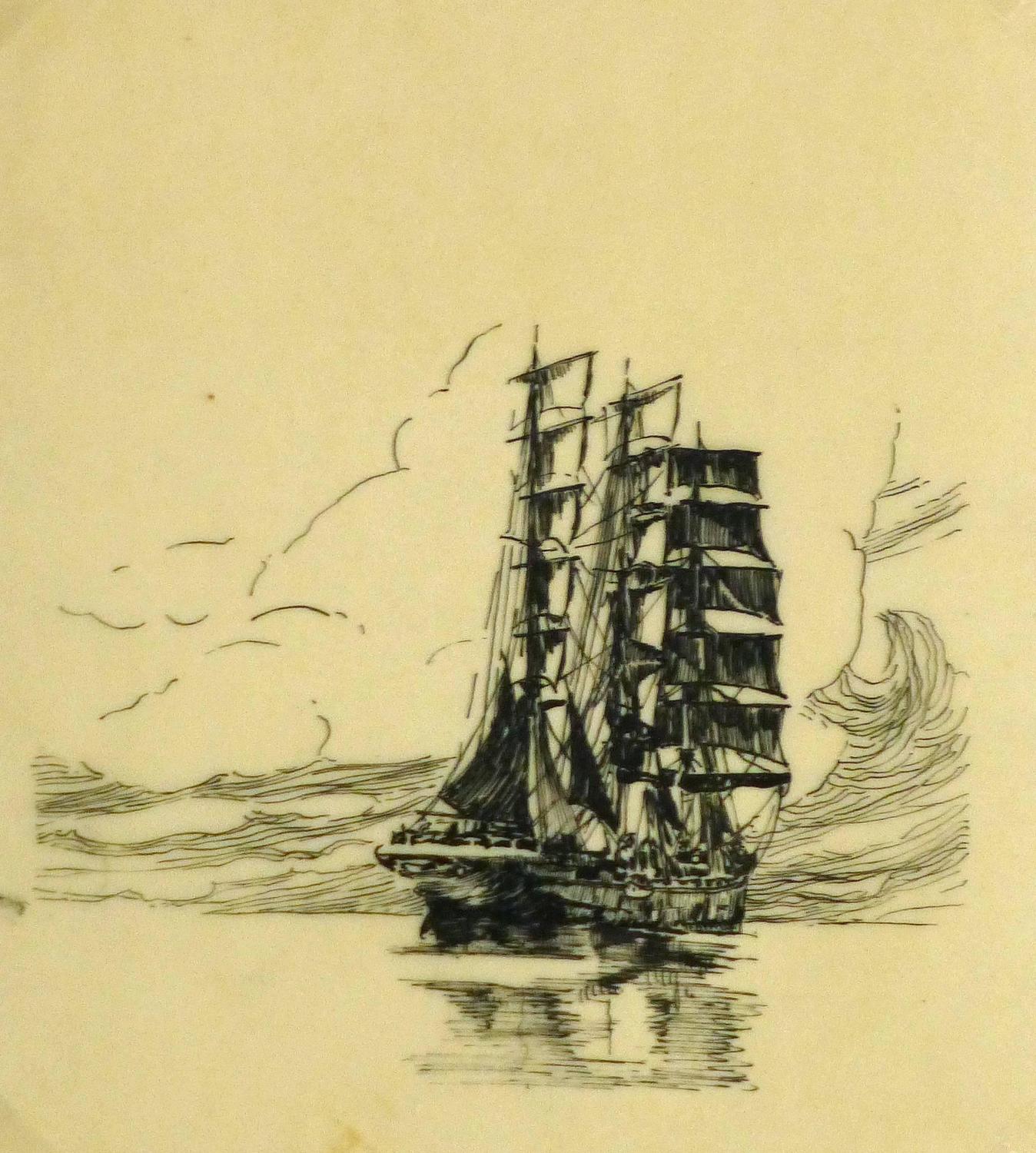 Unknown Vintage Pen and Ink Sketch Calm Seas For Sale at 1stdibs