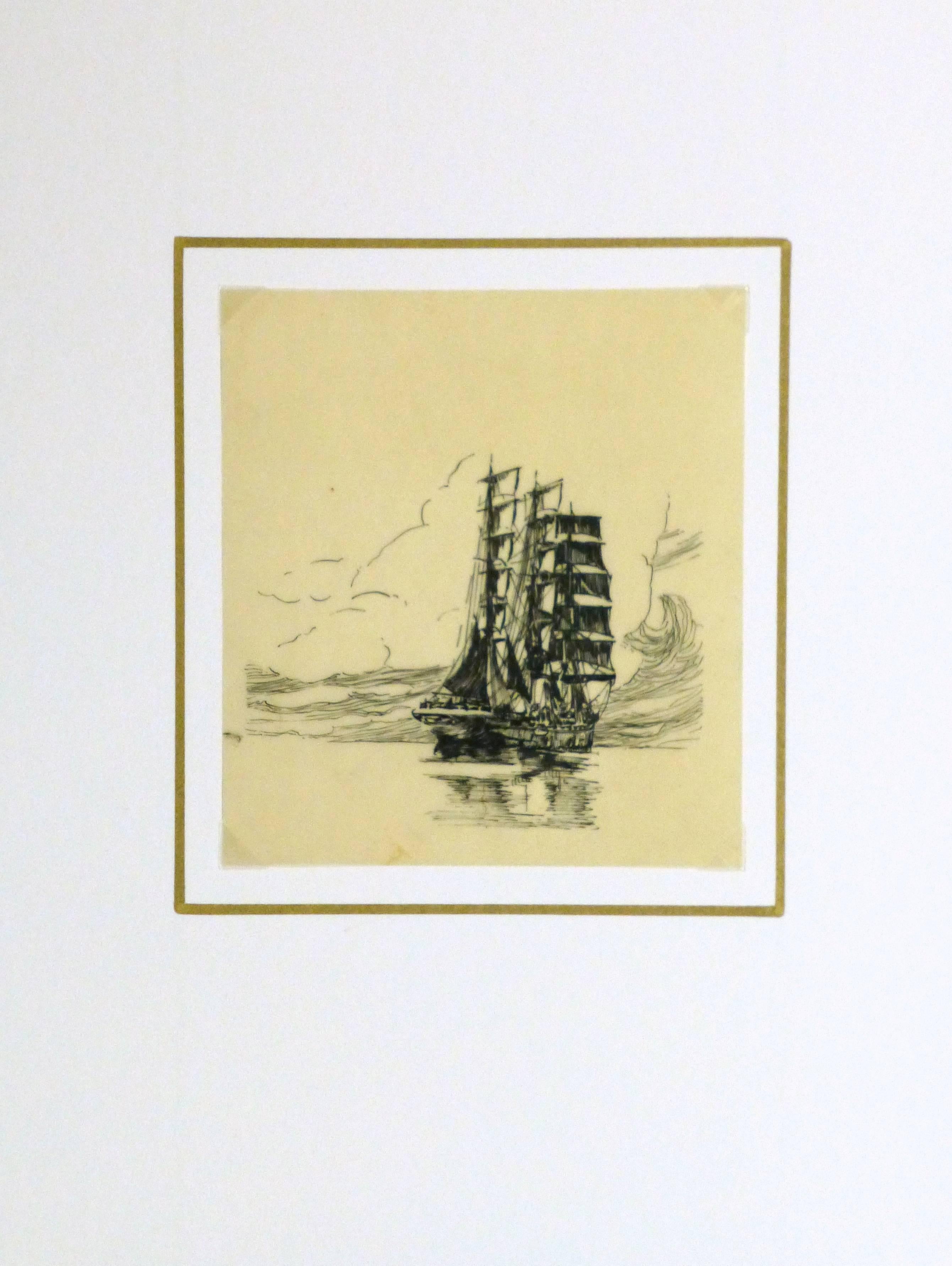Tranquil pen and ink sketch on transfer paper of a large ship afloat in a glassy sea, circa 1920.

Original artwork on paper displayed on a white mat with a gold border. Archival plastic sleeve and Certificate of Authenticity included. Artwork,