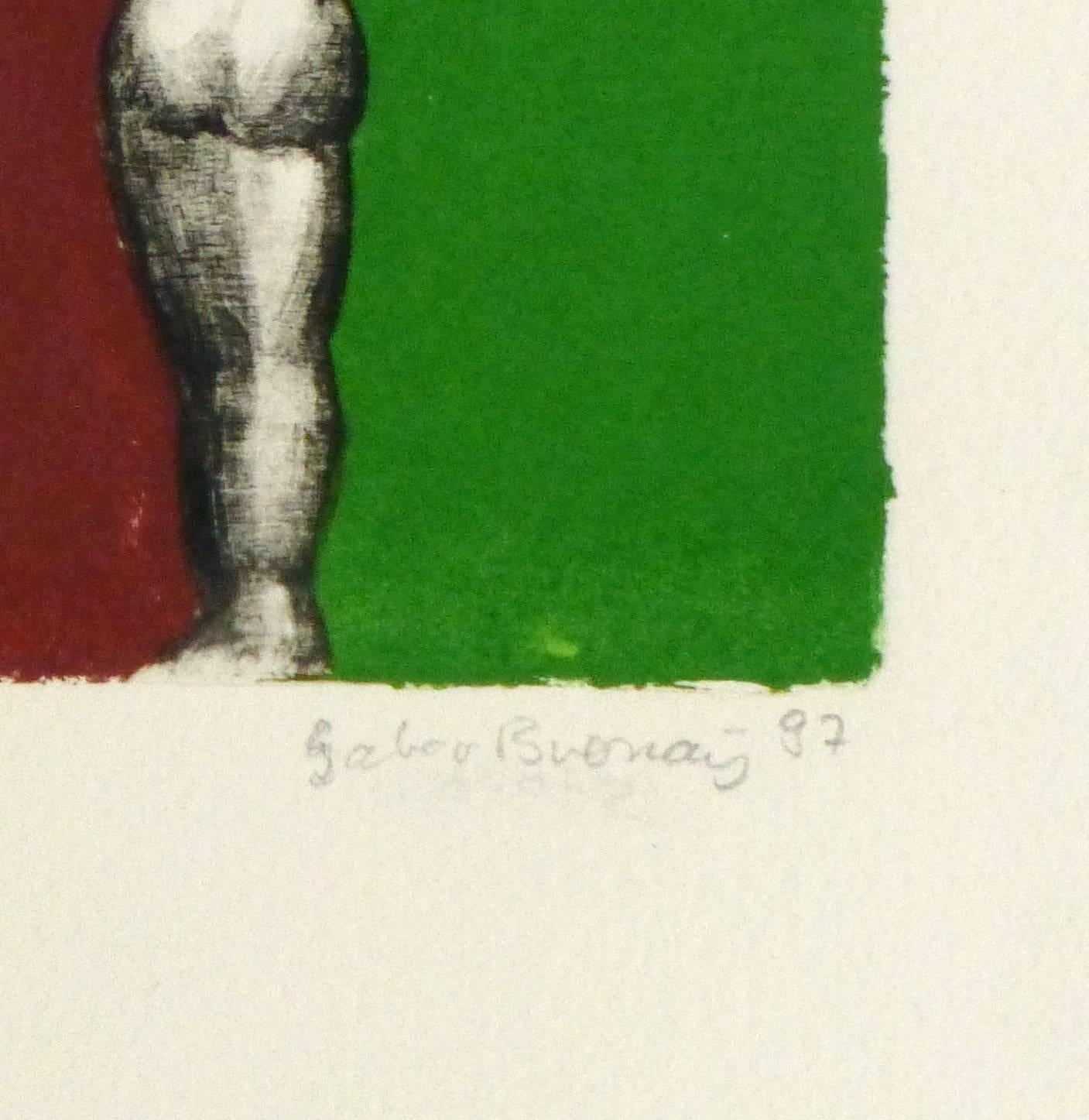 French Etching - Female Nude Dividing Two Colors (Red and Green) - Print by Unknown