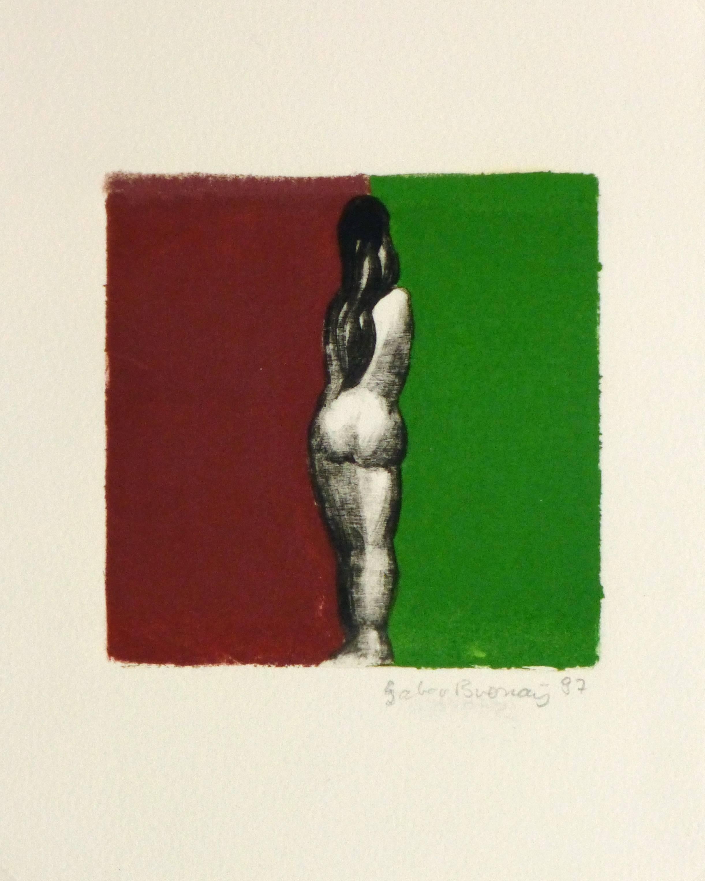 Unknown Nude Print - French Etching - Female Nude Dividing Two Colors (Red and Green)