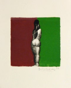 French Etching - Female Nude Dividing Two Colors (Red and Green)