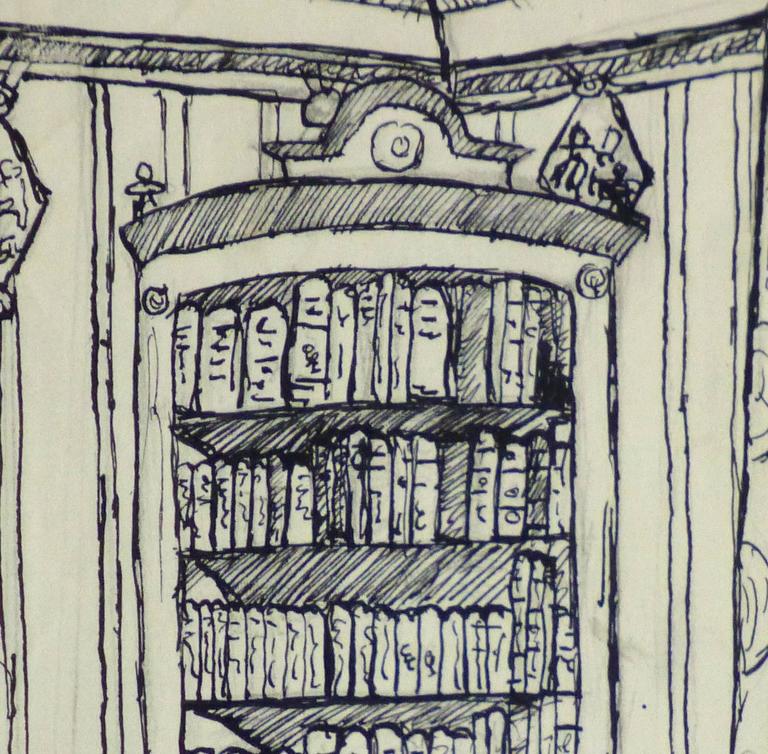 Unknown - Pen and Ink Drawing - Library Corner at 1stDibs