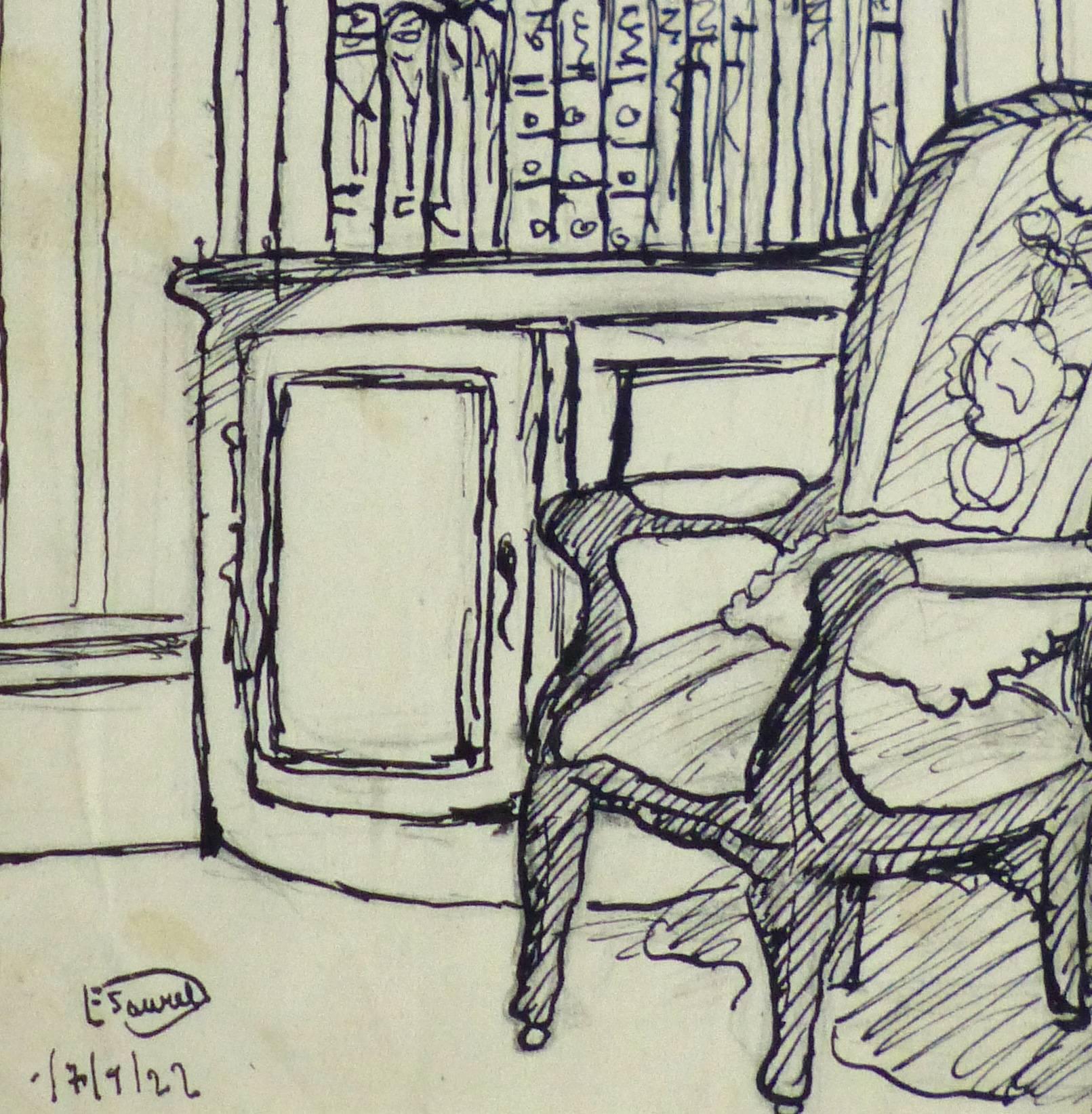 Pen & Ink Drawing - Library Corner - Gray Interior Art by Unknown