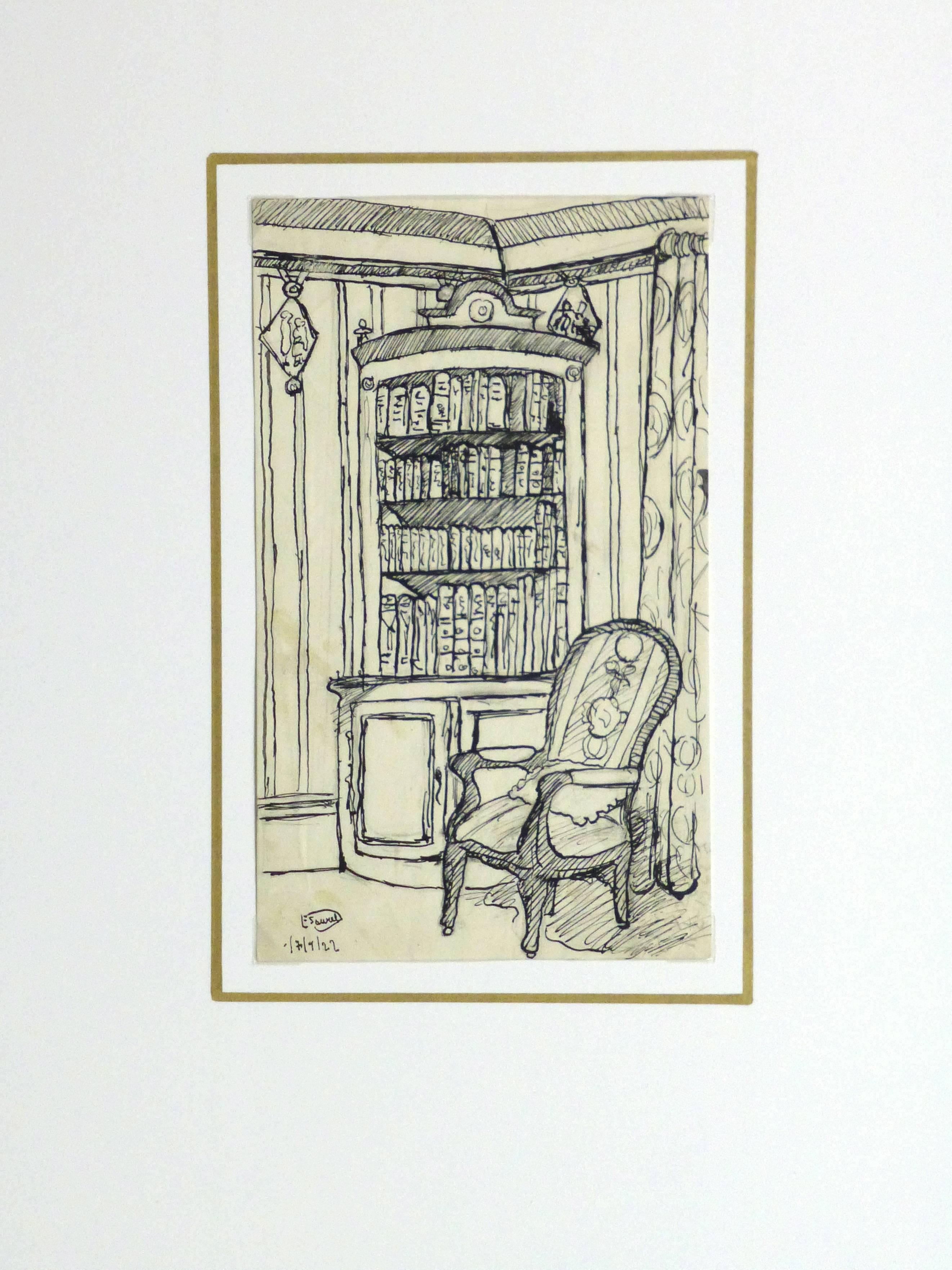 Elegant pen and ink sketch of a small and inviting reading nook tucked in the corner of a tasteful home by artist E. Sourel, 1922. Signed and dated lower left. 

Original artwork on paper displayed on a white mat with a gold border. Archival plastic