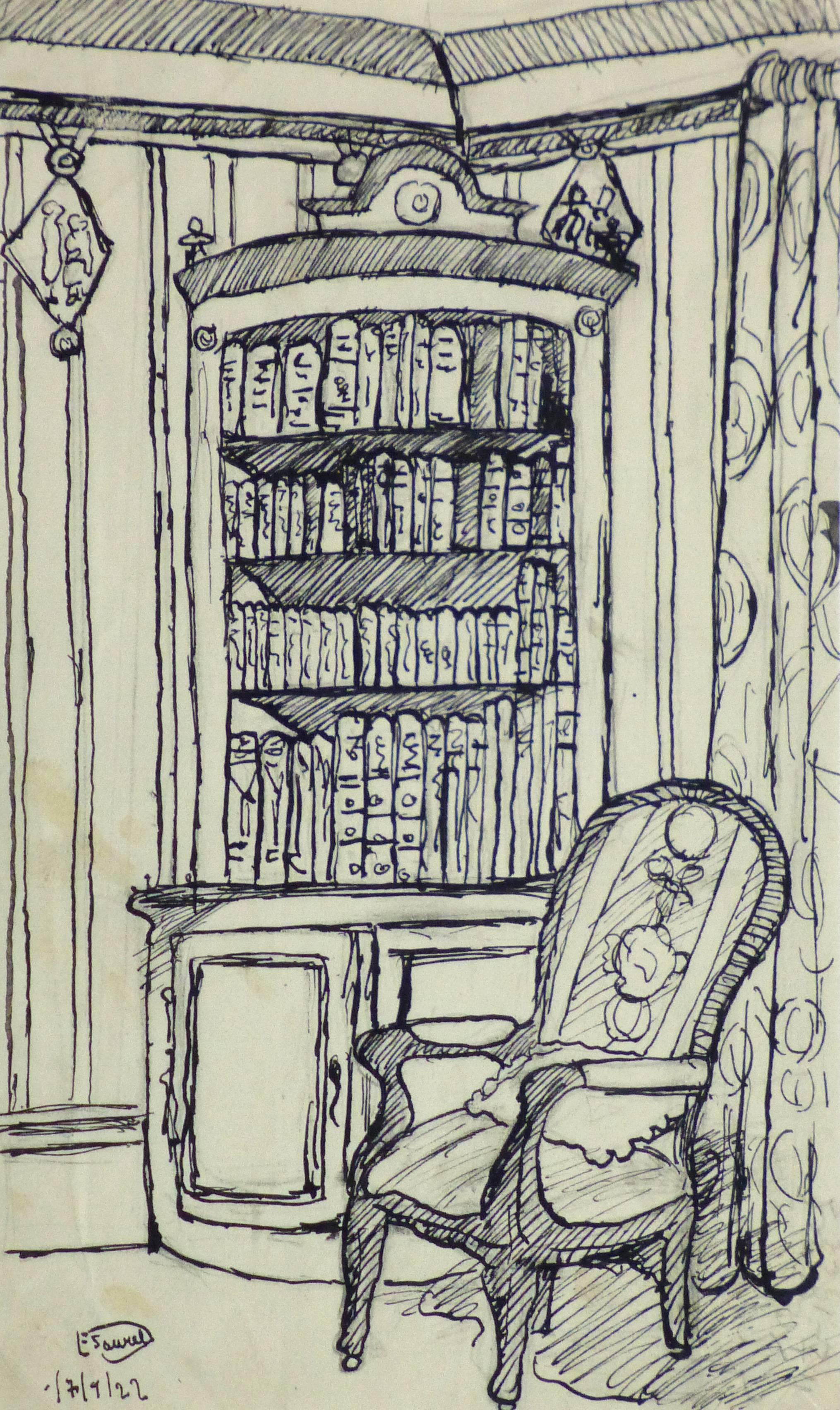 Unknown Interior Art - Pen & Ink Drawing - Library Corner