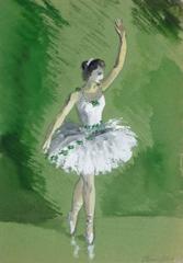 Vintage French Gouache - Emerald Ballerina
