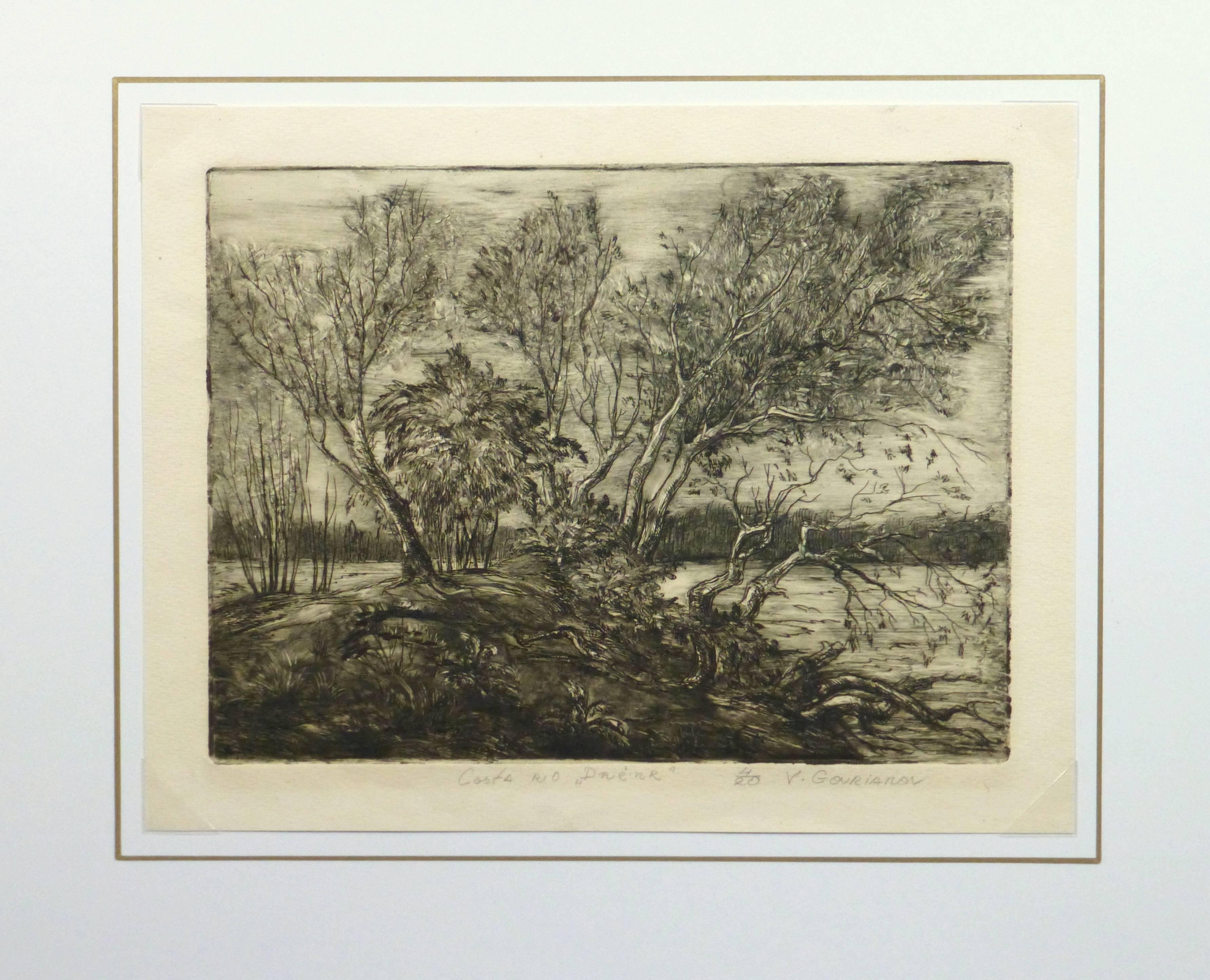 Vintage Etching - Curving Trees by the Riverside - Brown Landscape Print by V. Gourianov