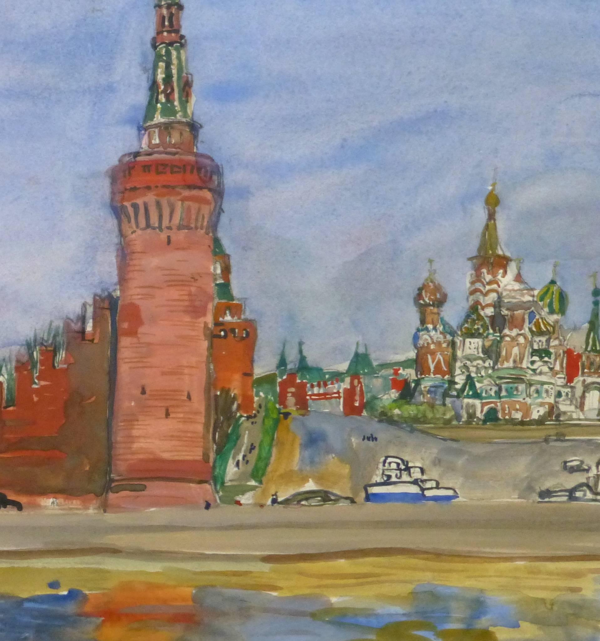 Vivid gouache and tempera landscape of the famed wall of Kremlin, Russia, the  iconic St. Basil's Cathedral can be seen in the background, circa 1950.

Original artwork on paper displayed on a white mat with a gold border. Archival plastic sleeve
