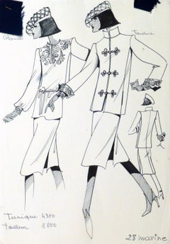French Haute Couture Fashion Sketch - Embellished Jacket & Blouse
