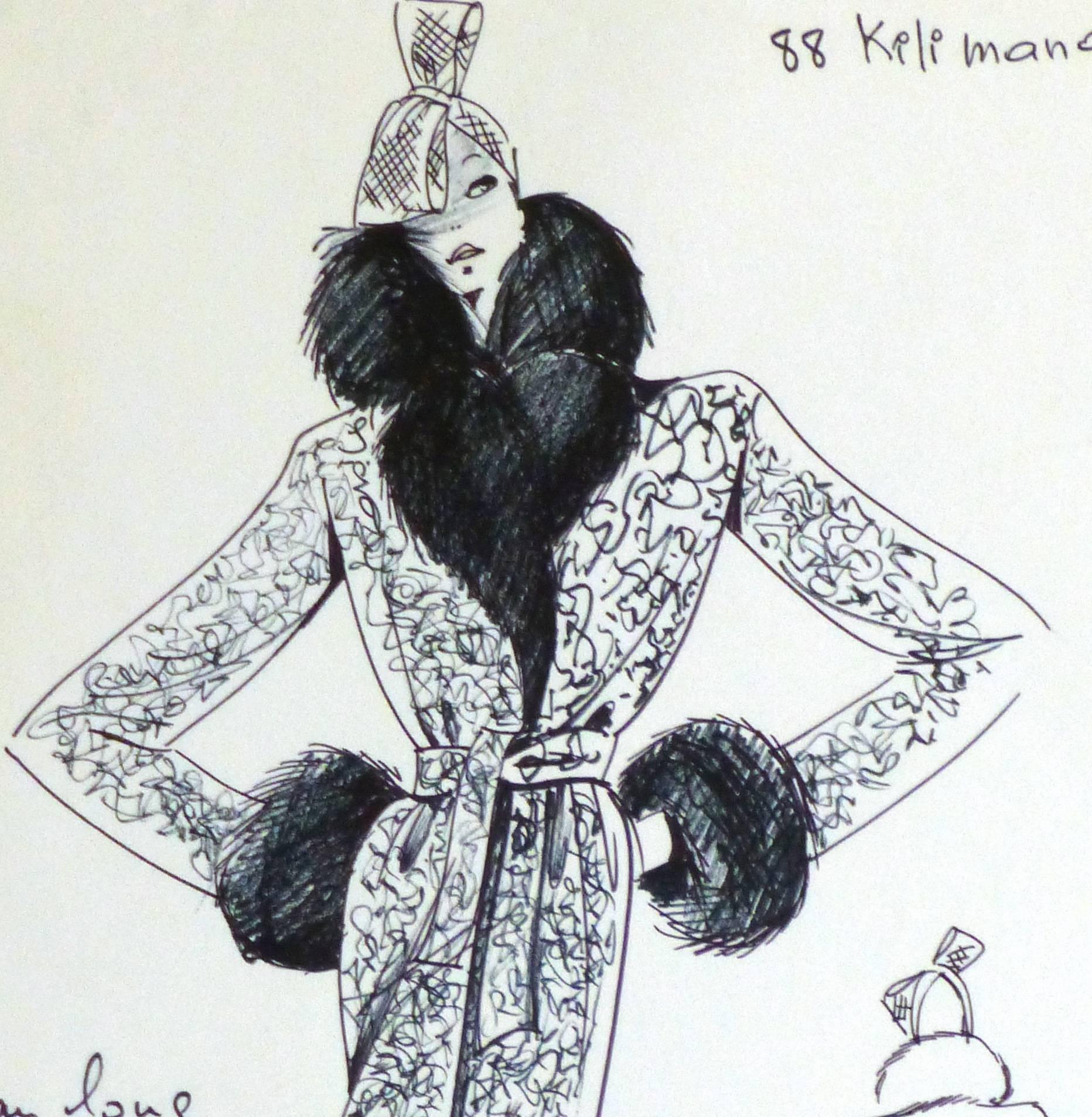 French Haute Couture Fashion Sketch - Fur Trimmed Coat - Art by Jean Patou