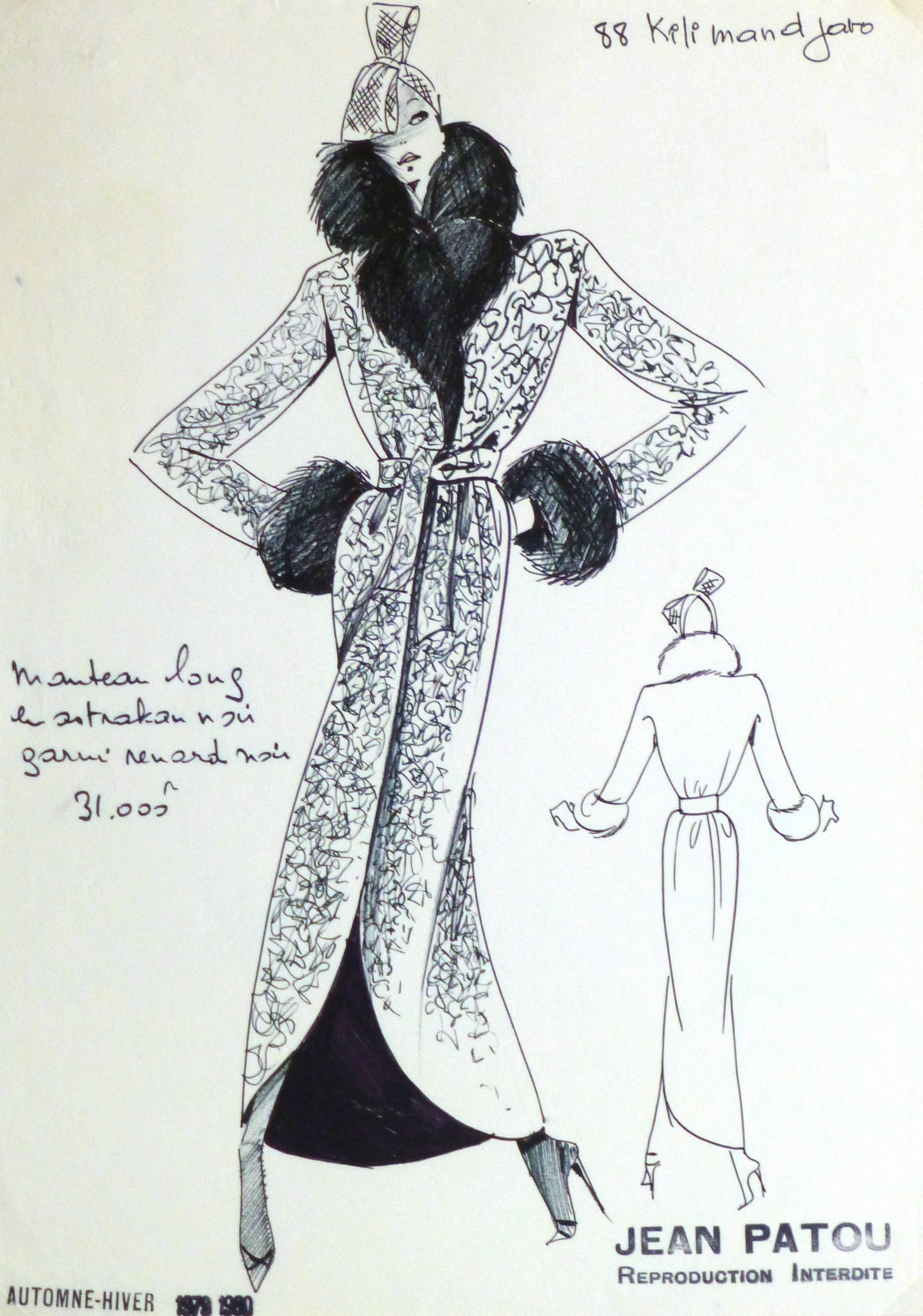 Jean Patou Figurative Art - French Haute Couture Fashion Sketch - Fur Trimmed Coat
