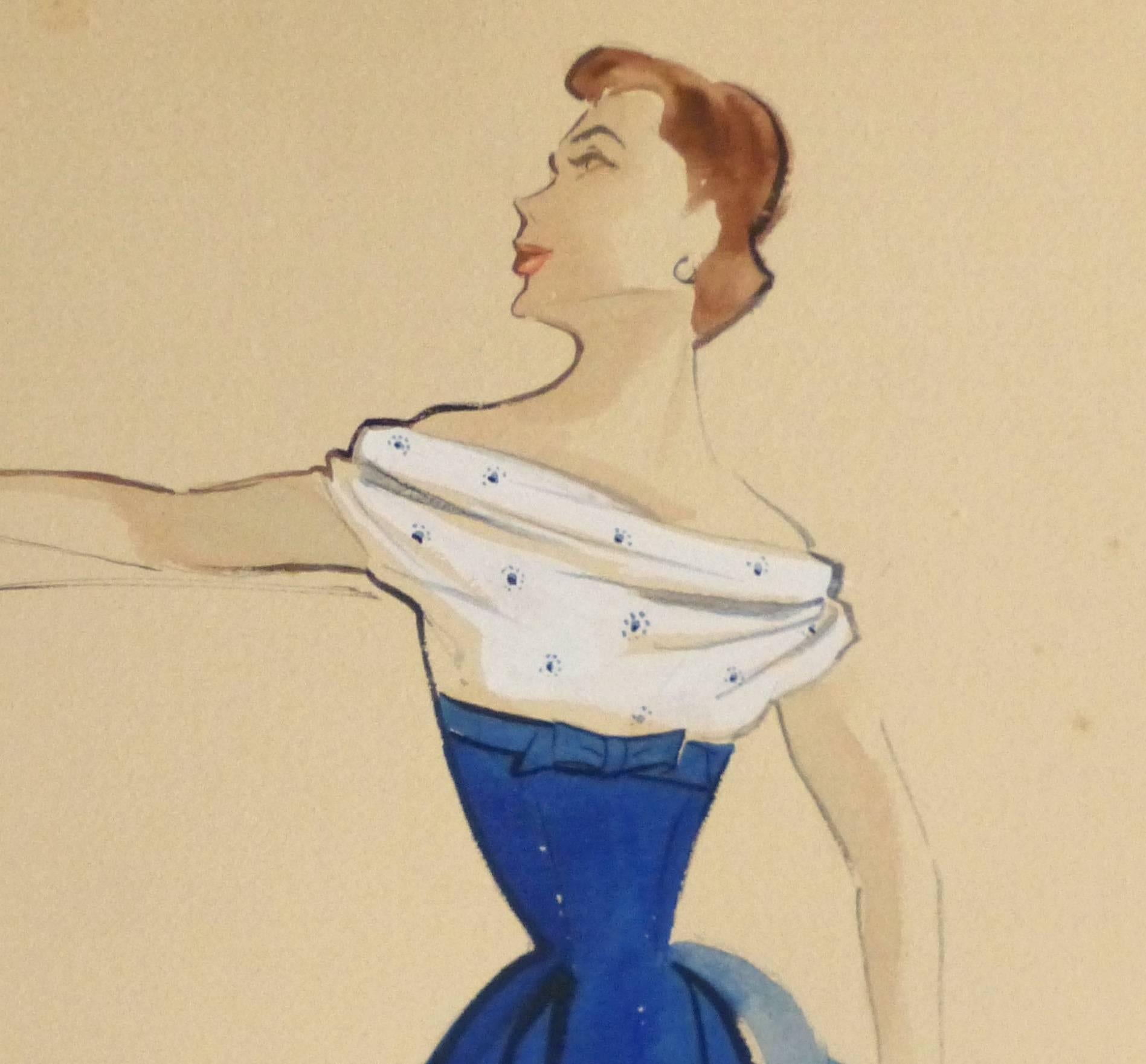 Vintage Gouache Fashion Sketch -  Blue and White Dress - Art by Unknown