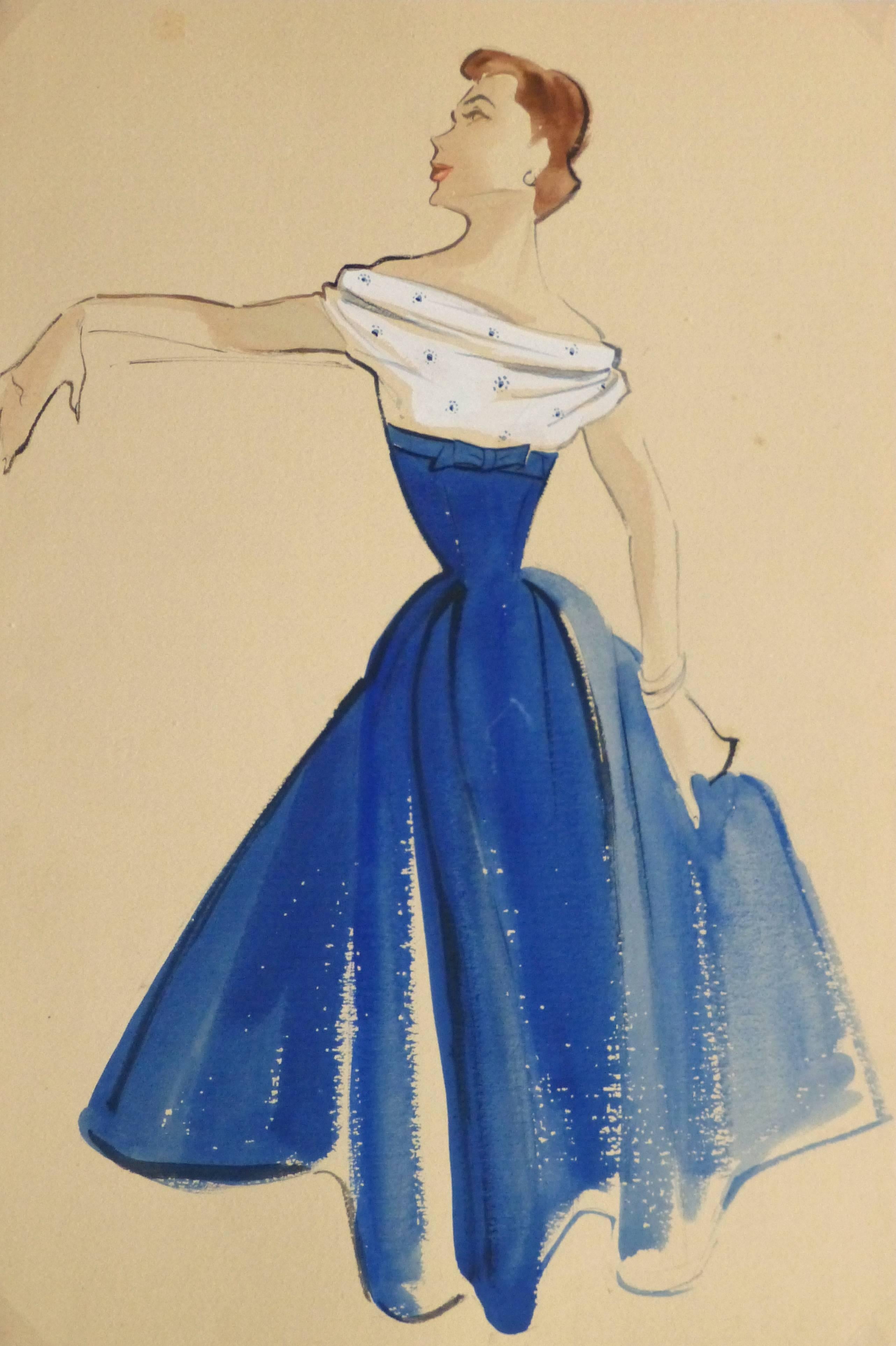 Unknown Figurative Art - Vintage Gouache Fashion Sketch -  Blue and White Dress