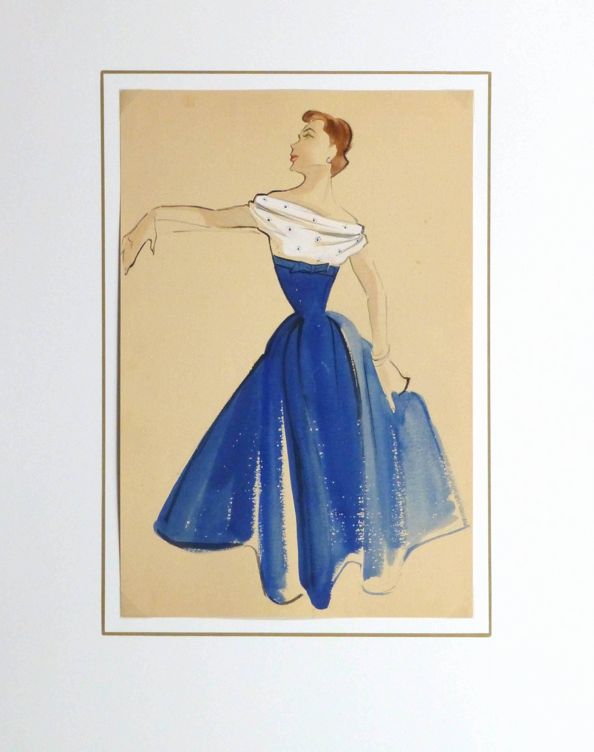 Vintage Gouache Fashion Sketch -  Blue and White Dress - Beige Figurative Art by Unknown