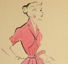 Vintage Gouache Fashion Sketch - Pink House Dress
