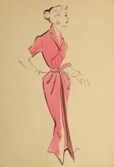 Vintage Gouache Fashion Sketch - Pink House Dress