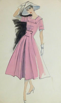 Vintage Gouache Fashion Sketch - Pink Day Dress