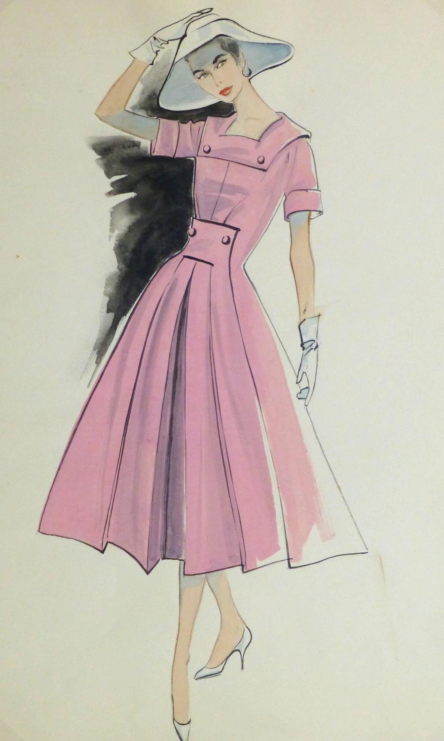 Unknown - Vintage Gouache Fashion Sketch - Pink Day Dress For Sale at