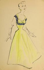 Vintage Gouache Fashion Sketch - Yellow Evening Gown