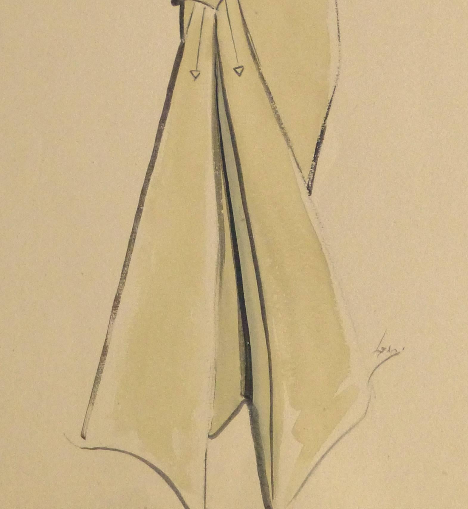 Vintage Gouache Fashion Sketch - Long Sleeved Dress - Art by Unknown