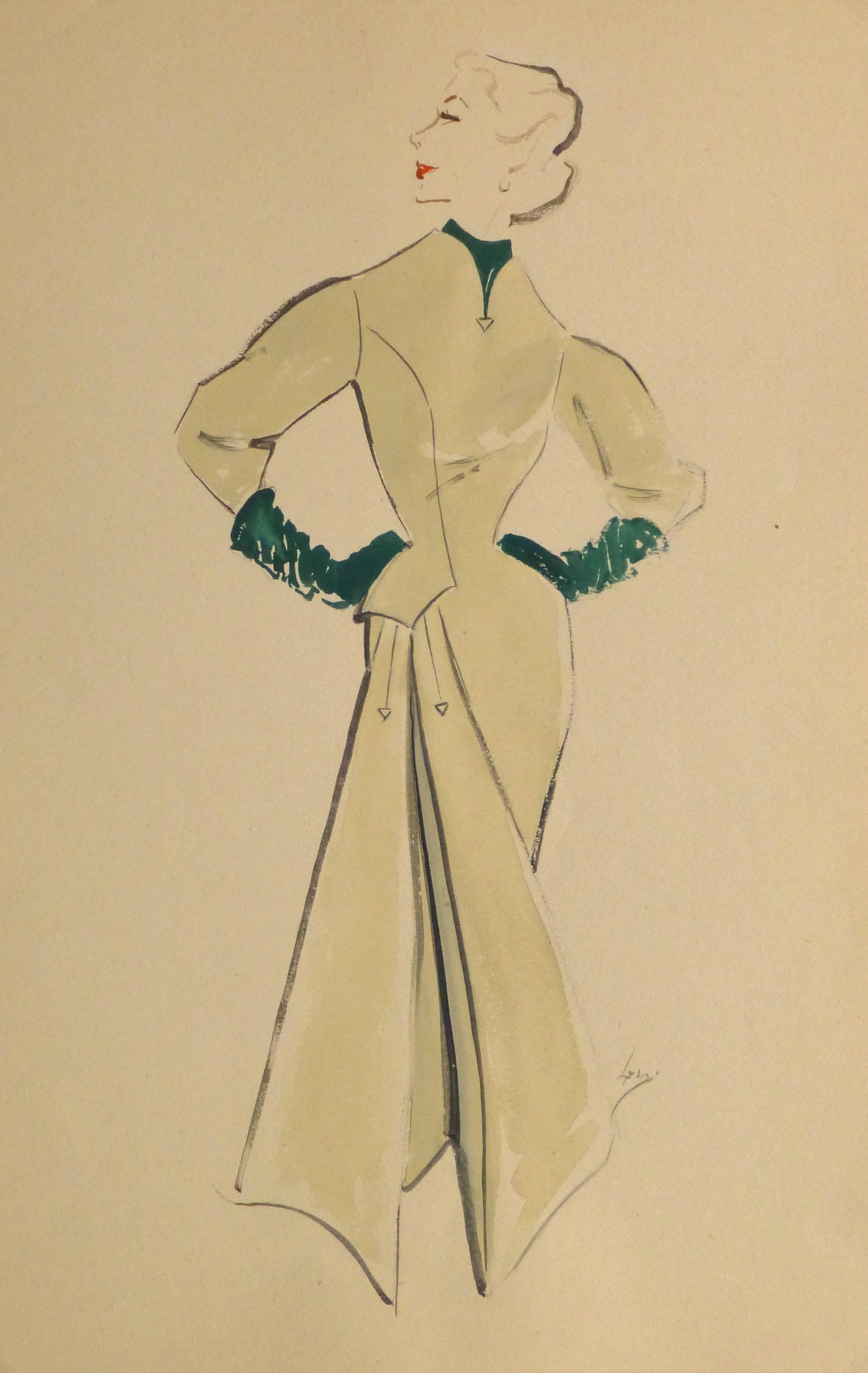 Vintage Gouache Fashion Sketch - Long Sleeved Dress