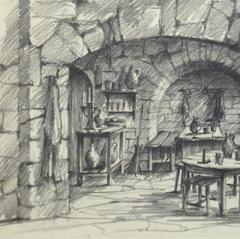 Croquis au crayon belge - Taverne rustique