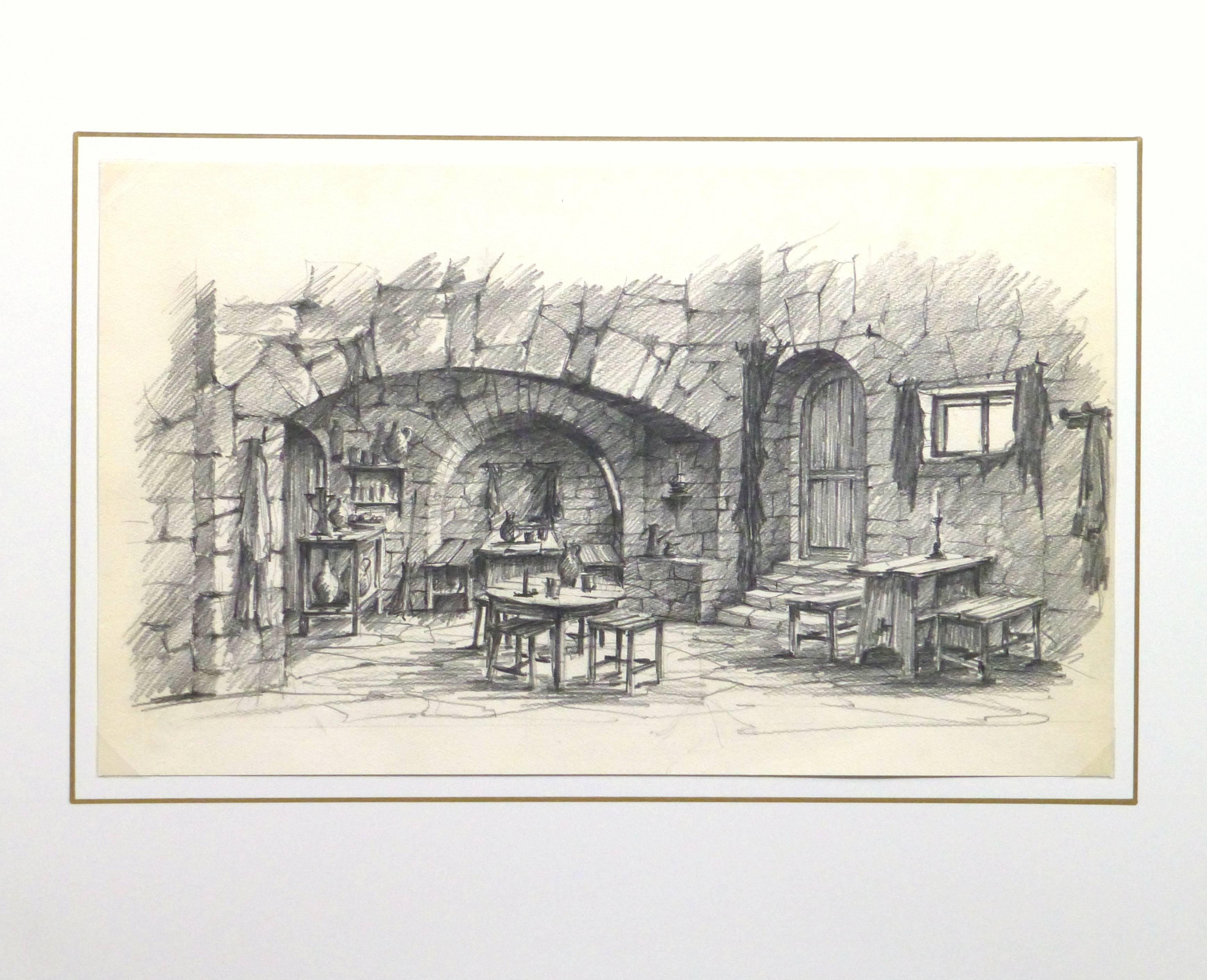 Detailed pencil sketch of a theater set depicting an old and rustic tavern, circa 1950. 

Original artwork on paper displayed on a white mat with a gold border. Archival plastic sleeve and Certificate of Authenticity included. Artwork, 16