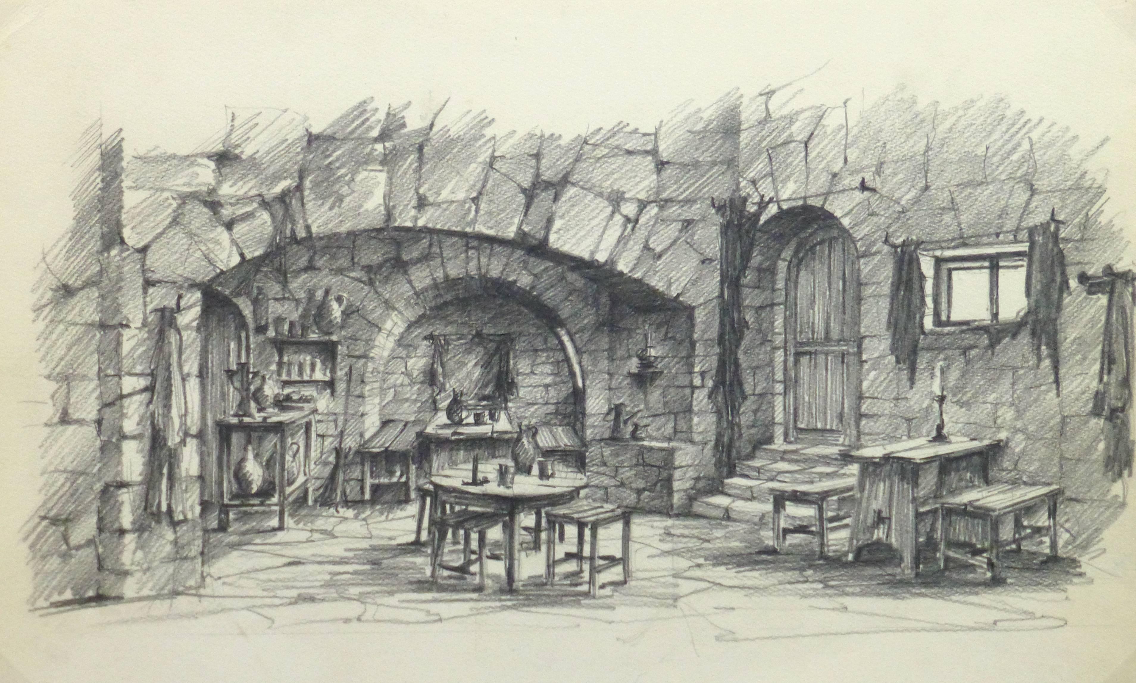 Unknown Interior Art - Belgian Pencil Sketch - Rustic Tavern