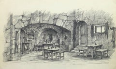 Vintage Belgian Pencil Sketch - Rustic Tavern