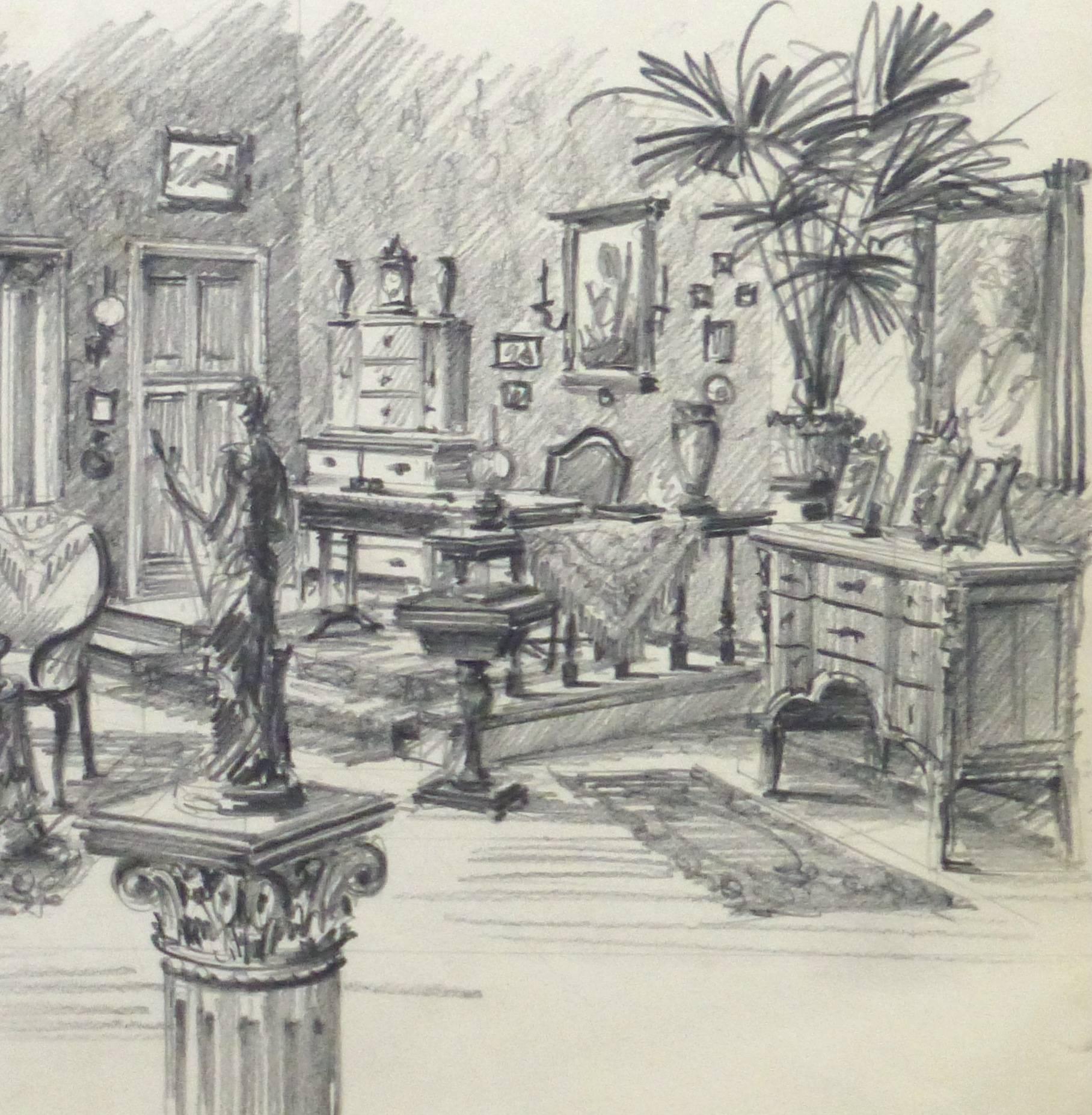 Belgian Pencil Sketch - Bourgeois Salon - Gray Interior Art by Unknown