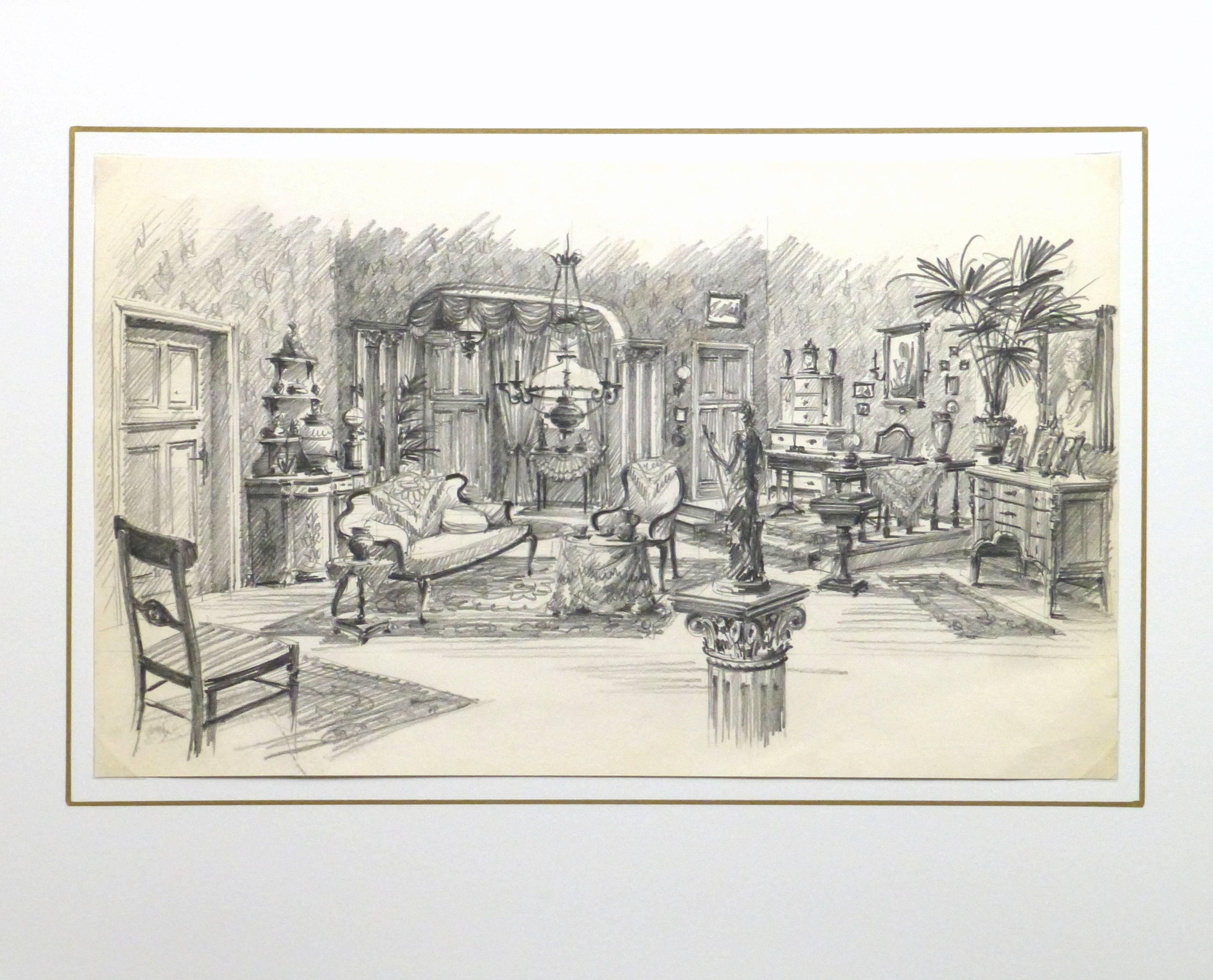 Schizzo a matita di un set teatrale progettato per rappresentare un elegante salotto del XIX secolo, circa 1950.

Opera d'arte originale su carta esposta su un tappetino bianco con bordo dorato. Custodia in plastica per archivi e certificato di