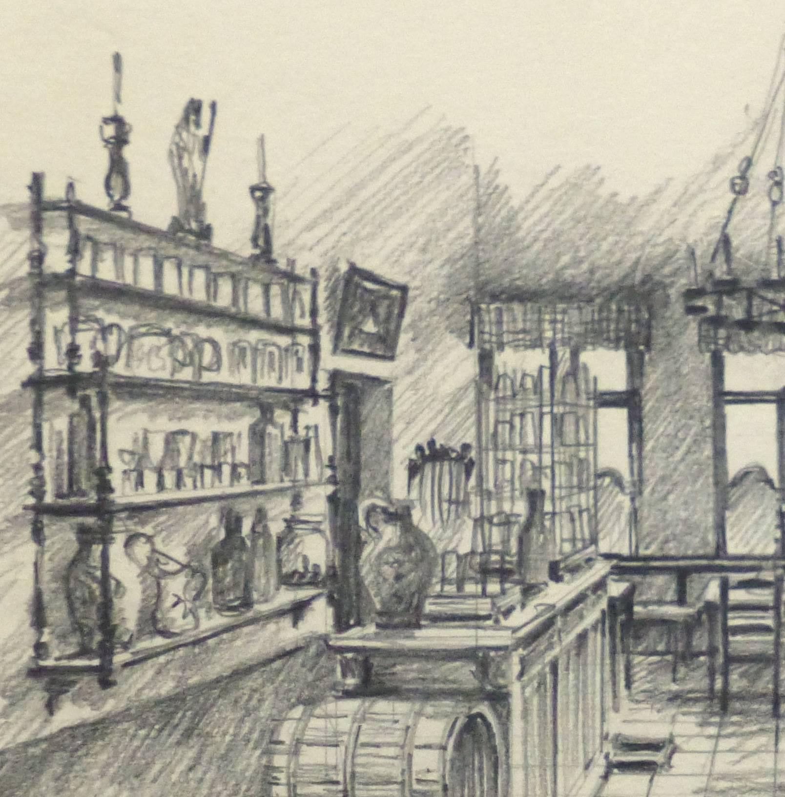 Belgian Pencil Sketch - Café - Beige Interior Art by Unknown