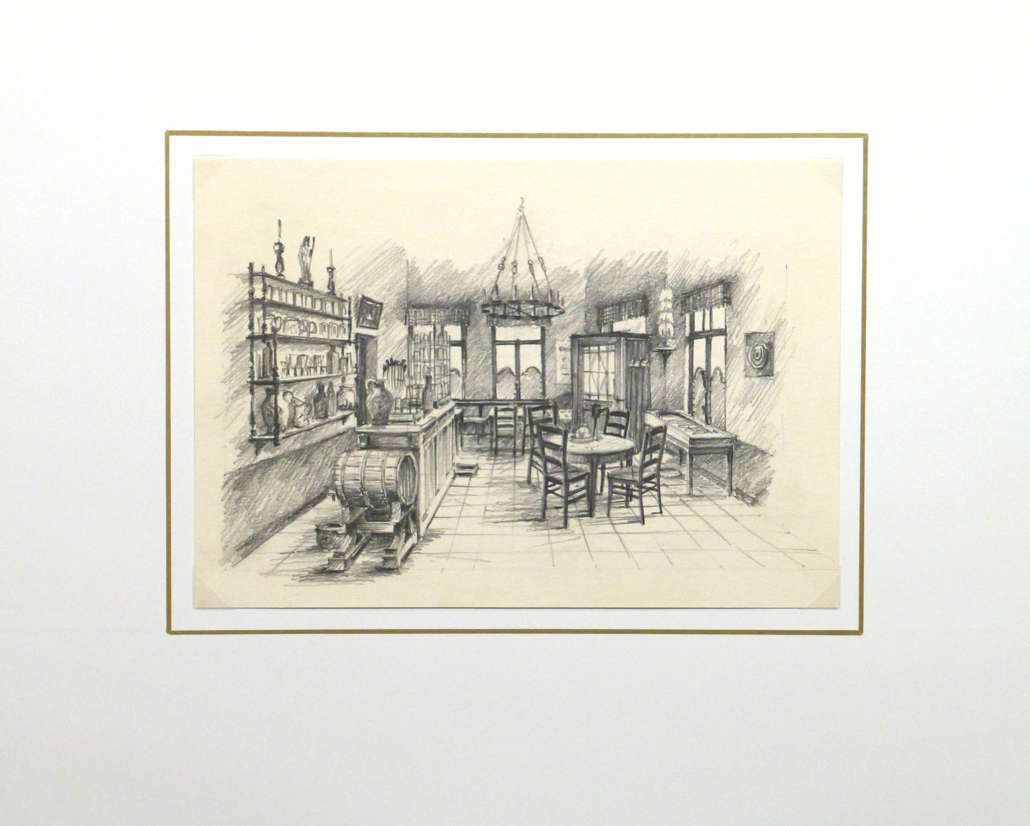 Charming pencil sketch of a theater set decorated to depict a quaint cafe, circa 1950.

Original artwork on paper displayed on a white mat with a gold border. Archival plastic sleeve and Certificate of Authenticity included. Artwork, 12"L x