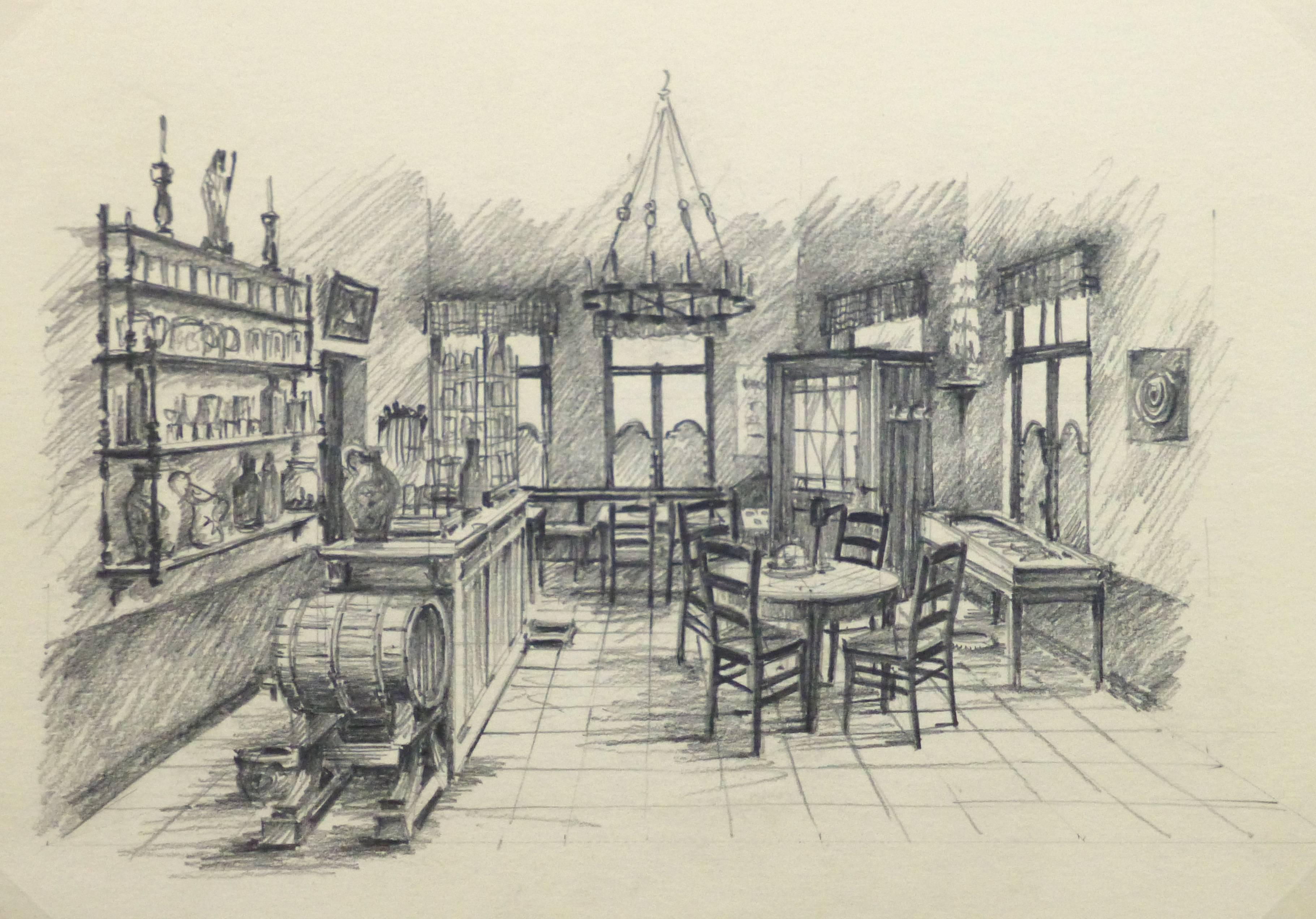 Unknown Interior Art - Belgian Pencil Sketch - Café