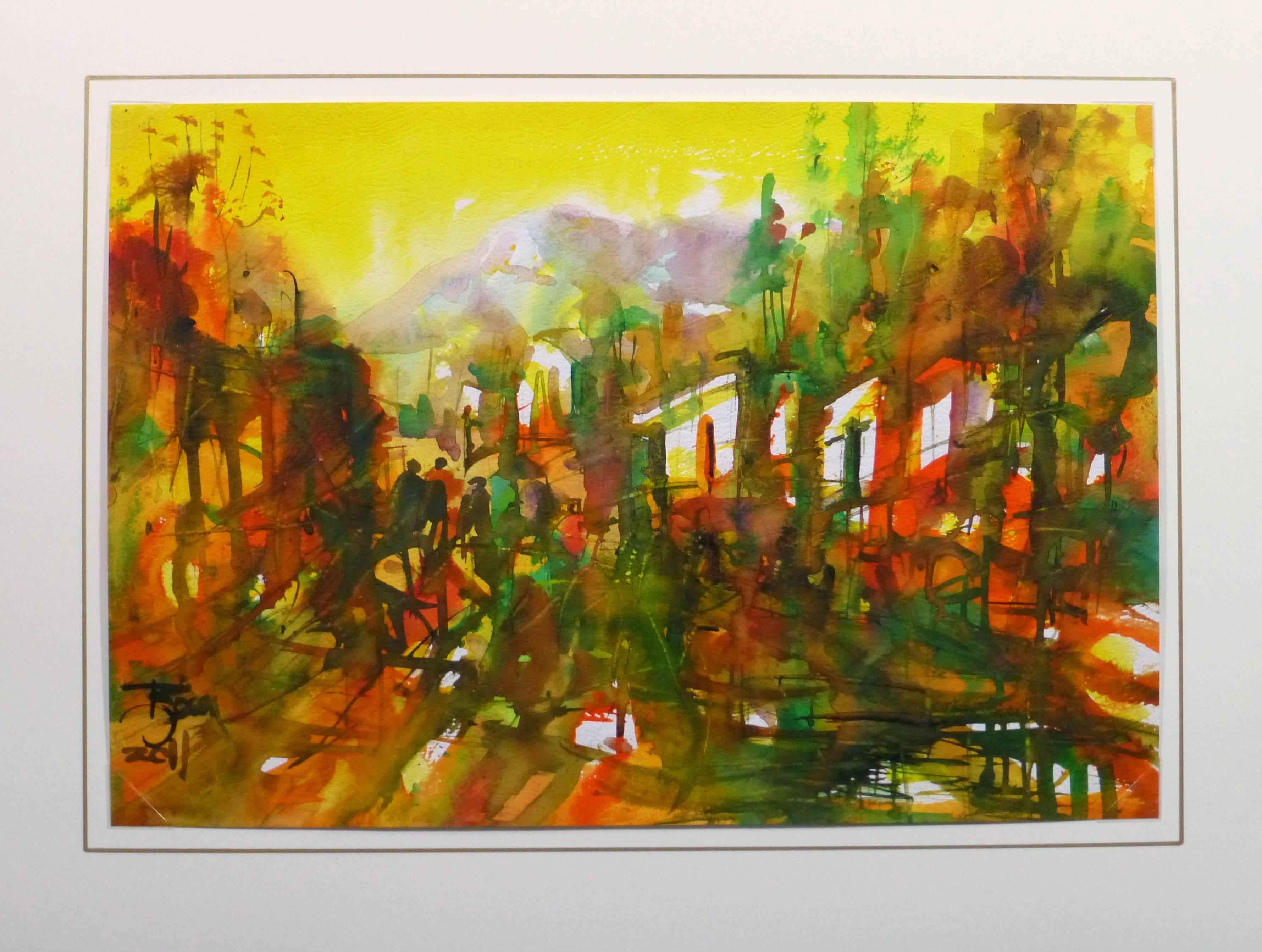 Splendid Peruvian watercolor of a forest surrounding a mountain peaks in warm hues of orange, yellow and green, 2011. Signed and dated lower left.

Original artwork on paper displayed on a white mat with a gold border. Archival plastic sleeve and