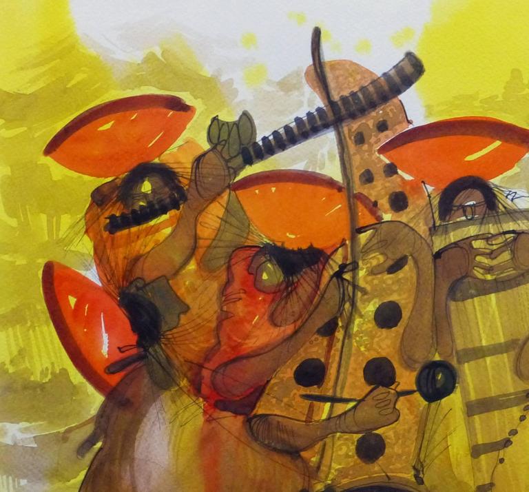 Vibrant Colored Watercolor - Lively Local Musicians - Brown Figurative Art by Unknown