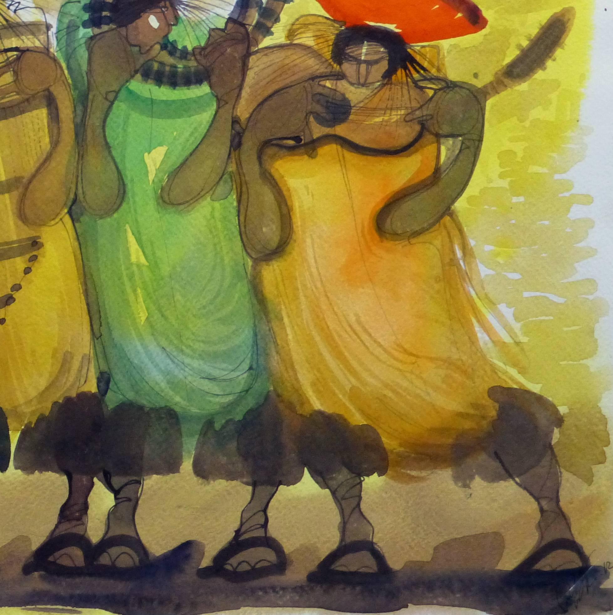 Acuarela de colores vibrantes - Músicos locales animados - Art de Unknown