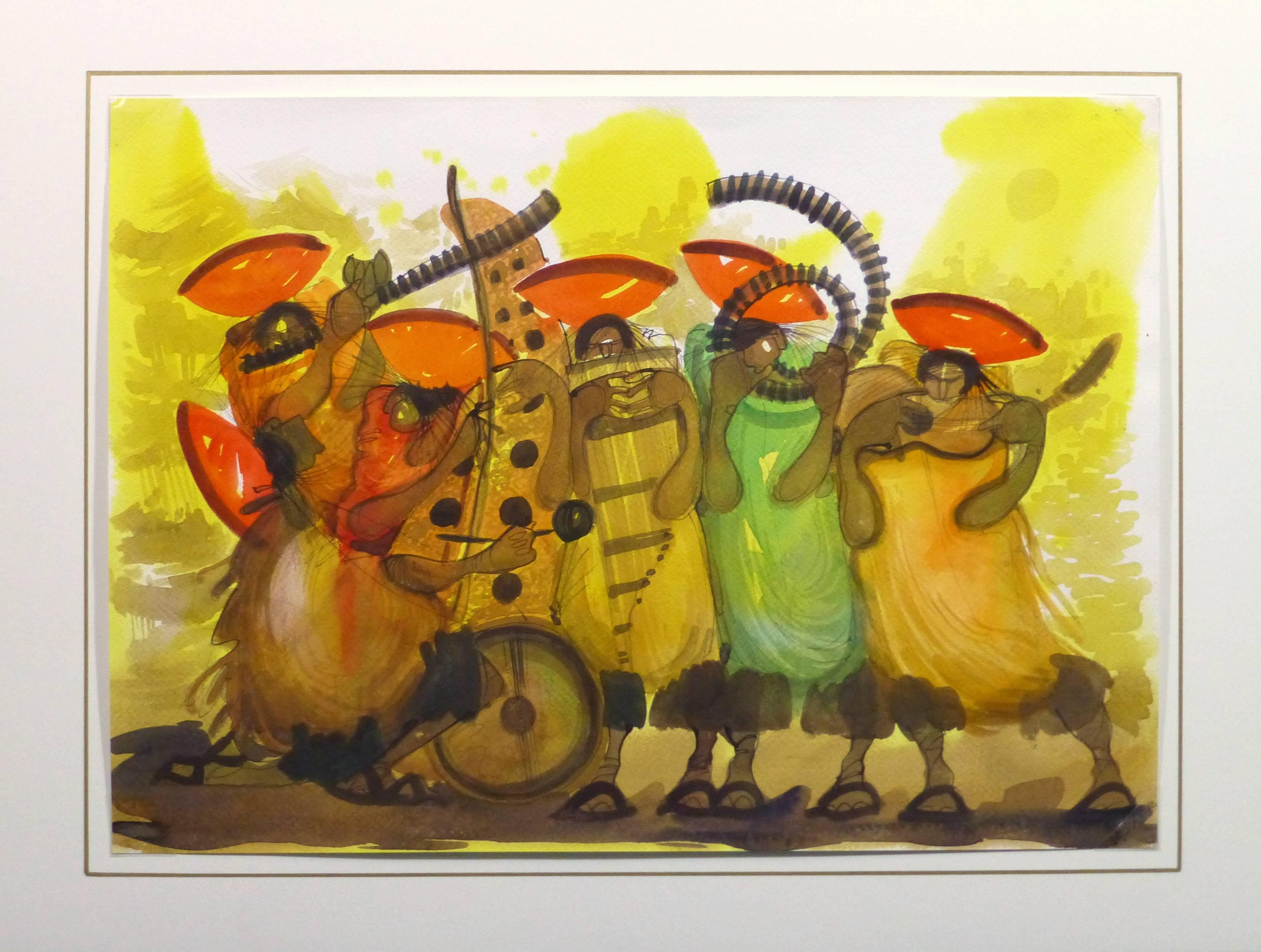 Acuarela peruana de tonos cálidos de un grupo de músicos con trajes tradicionales locales, 2011. Firmado abajo a la derecha. 

Obra de arte original sobre papel expuesta en un tapete blanco con borde dorado. Funda de plástico de archivo y