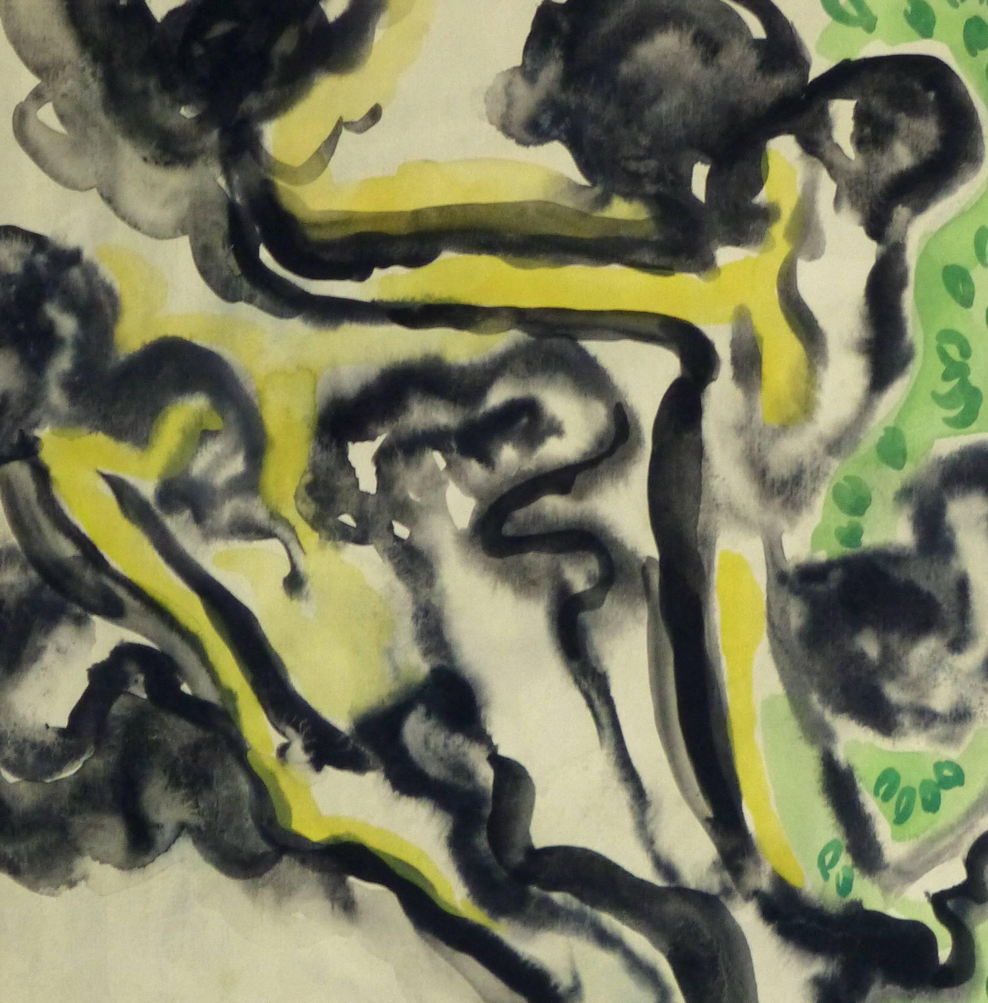 Aquarelle et encre abstraite aux couleurs vives - Sous le dais - Beige Abstract Drawing par Unknown