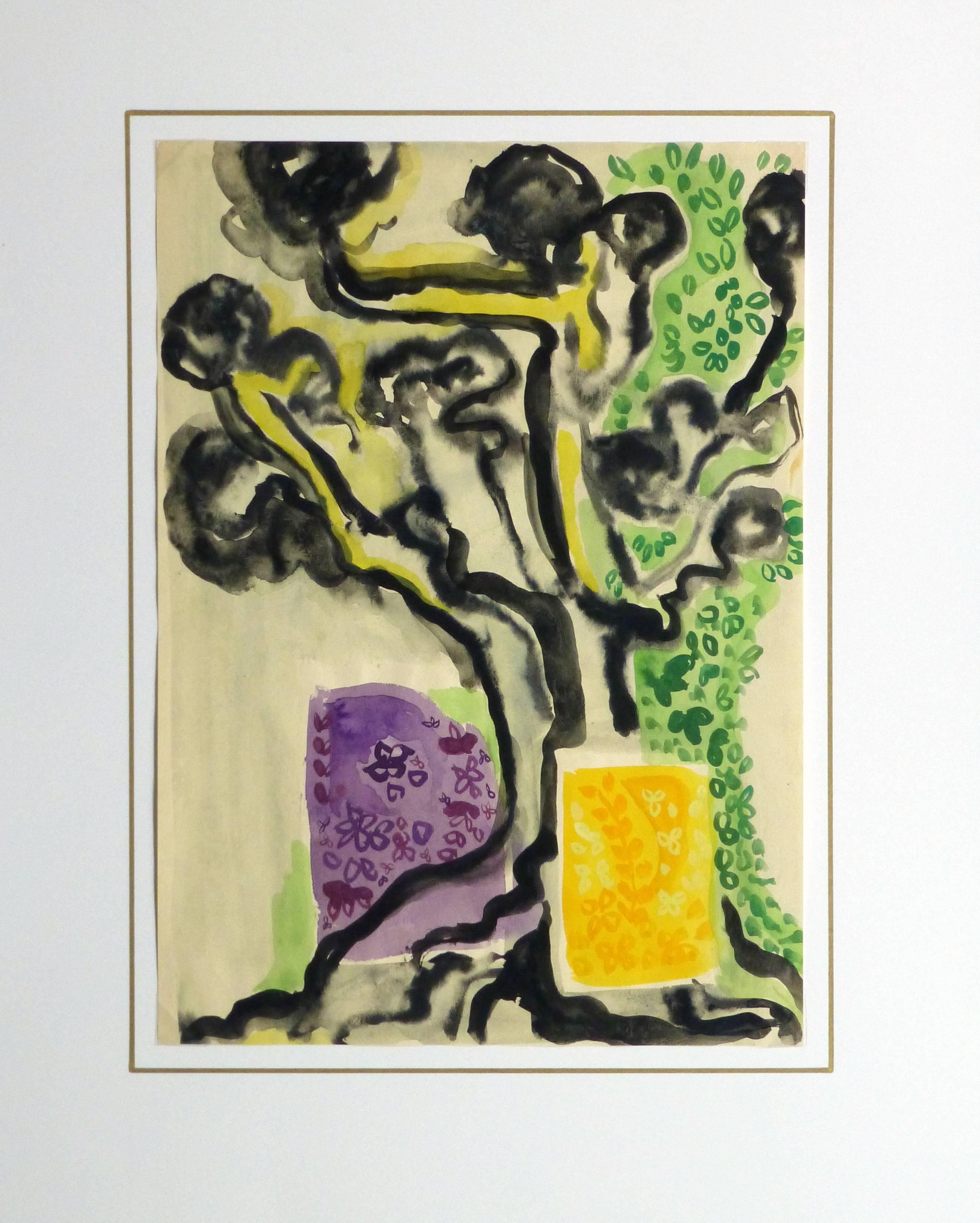 Peinture abstraite à l'encre et à l'aquarelle, fantaisiste et lumineuse, représentant un arbre entouré de feuillages colorés, vers 1970. 

Œuvre originale sur papier présentée sur un tapis blanc avec une bordure dorée. Pochette d'archivage en