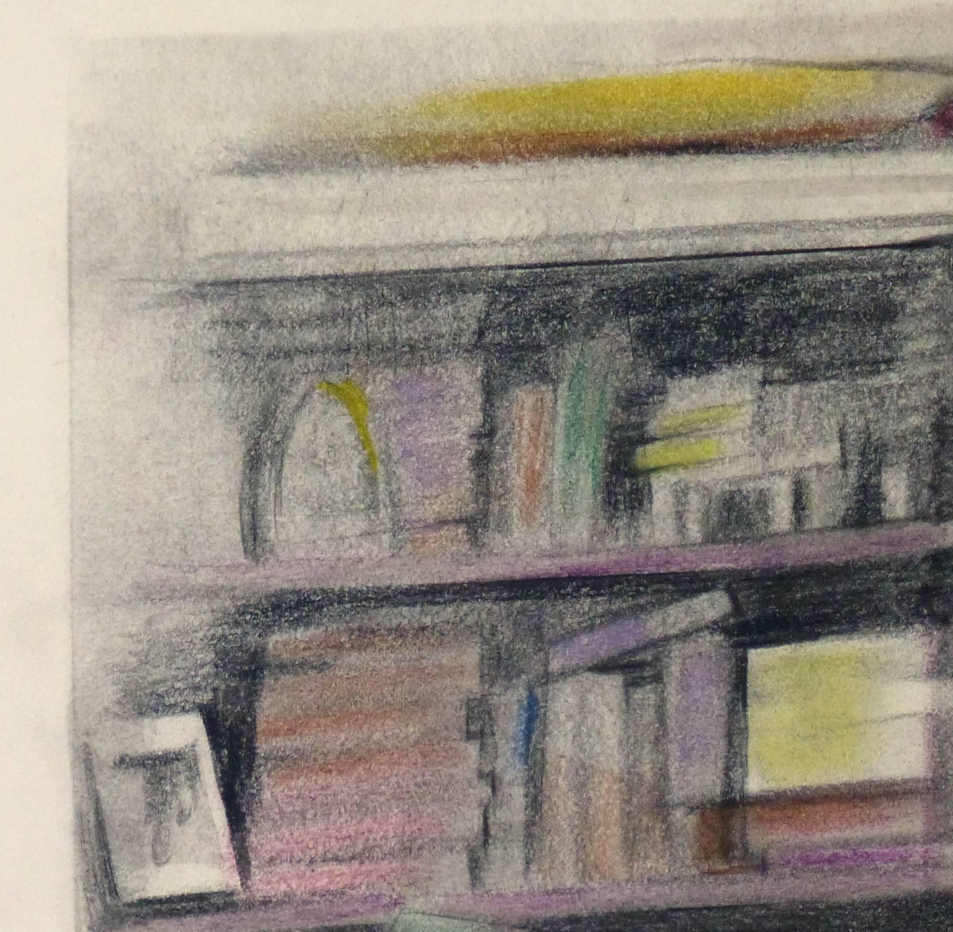 Weich gefärbtes französisches Ölpastell – Bücherregal-Abstraktion (Braun), Still-Life, von Unknown