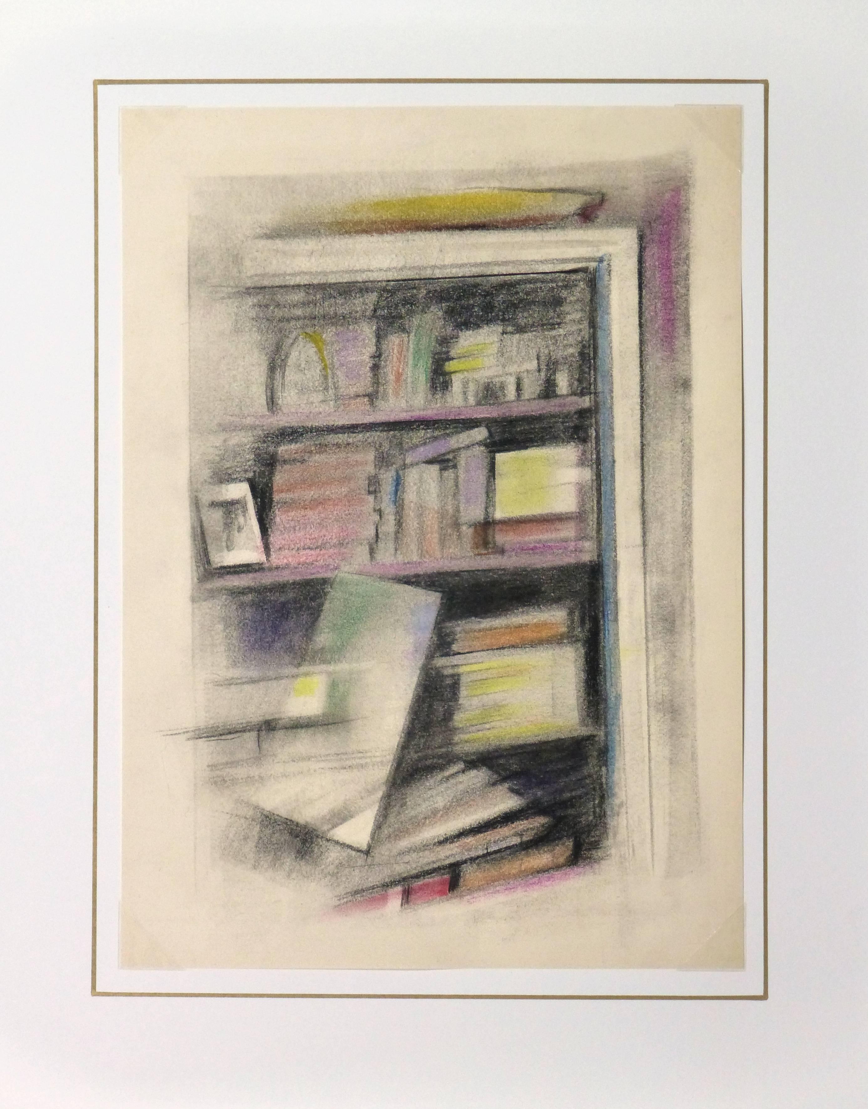 Zartfarbige Ölpastell-Abstraktion eines einzelnen Buches, das aus einem vollen Bücherregal fällt, wie eine Zeitlupenszene aus einem Traum, von Pollasson, um 1990.

Originalkunstwerk auf Papier auf einem weißen Passepartout mit Goldrand. Inklusive