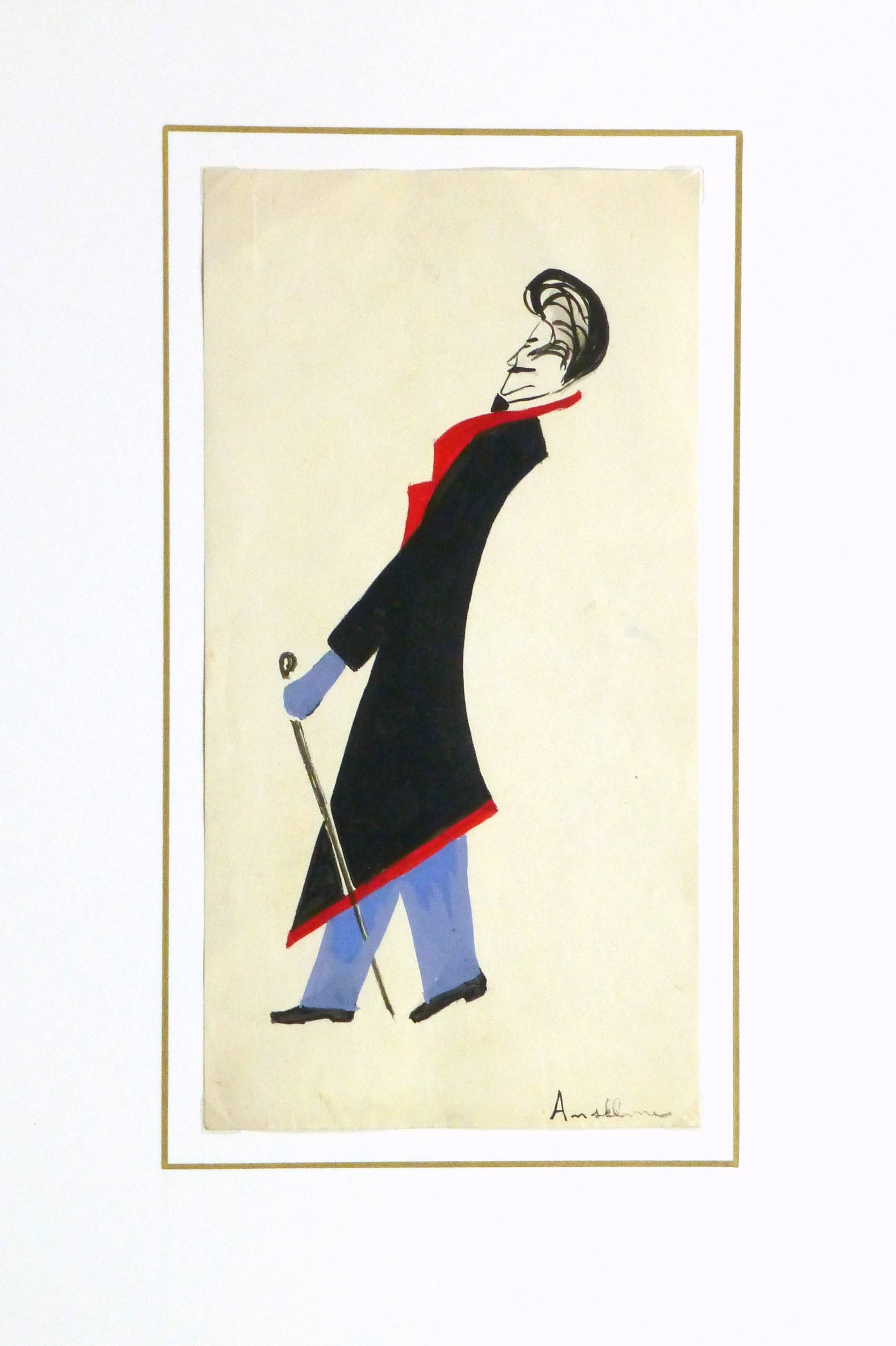 Playful gouache painting of a theatrical costume of a dapper gentleman for a Parisian theater by Anselme, circa 1920. Signed lower right. 

Original artwork on paper displayed on a white mat with a gold border. Archival plastic sleeve and