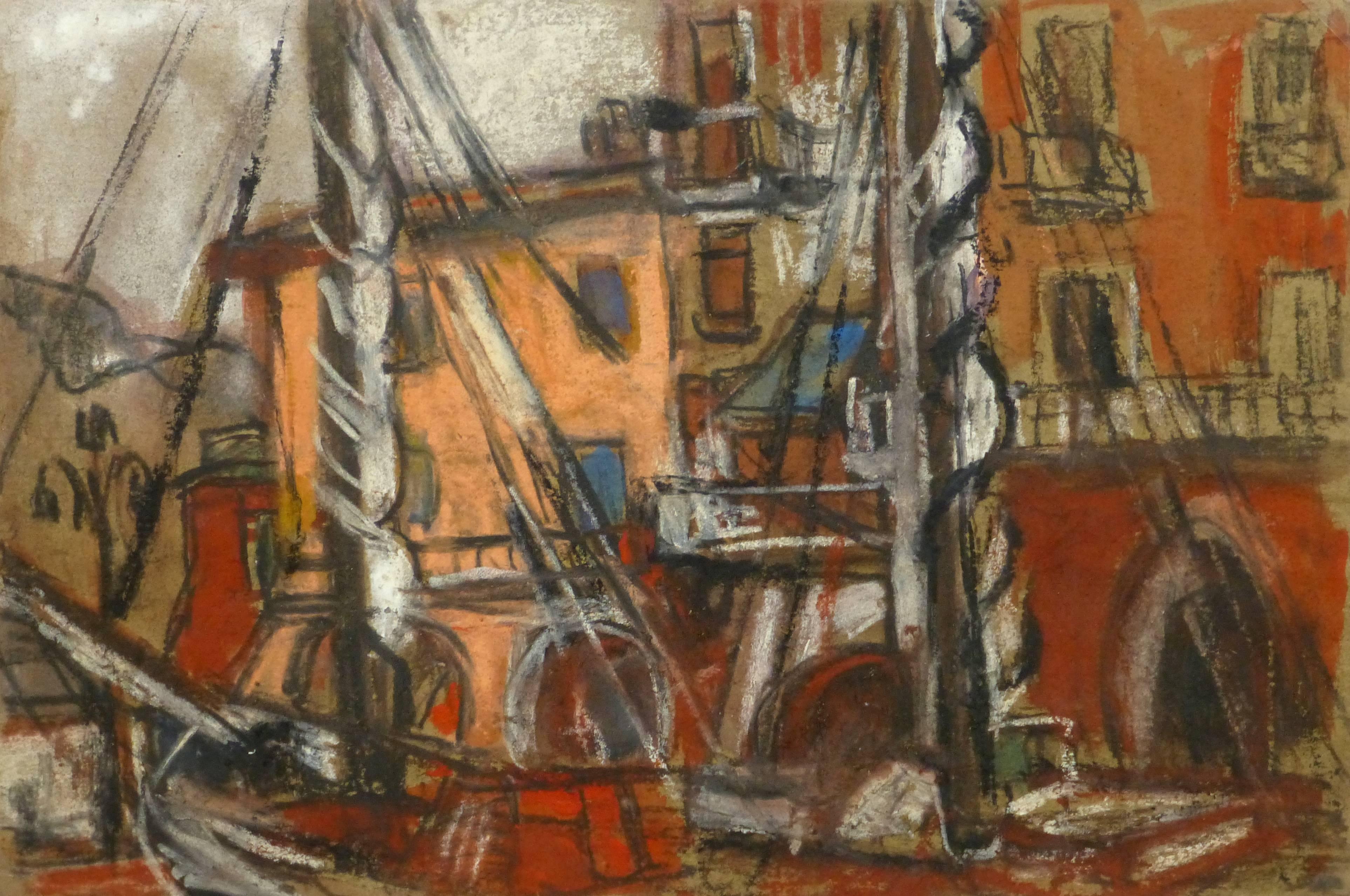 E. Bachmann Landscape Art - Richly-Hued Oil Pastel Drawing - Boats in the Harbor