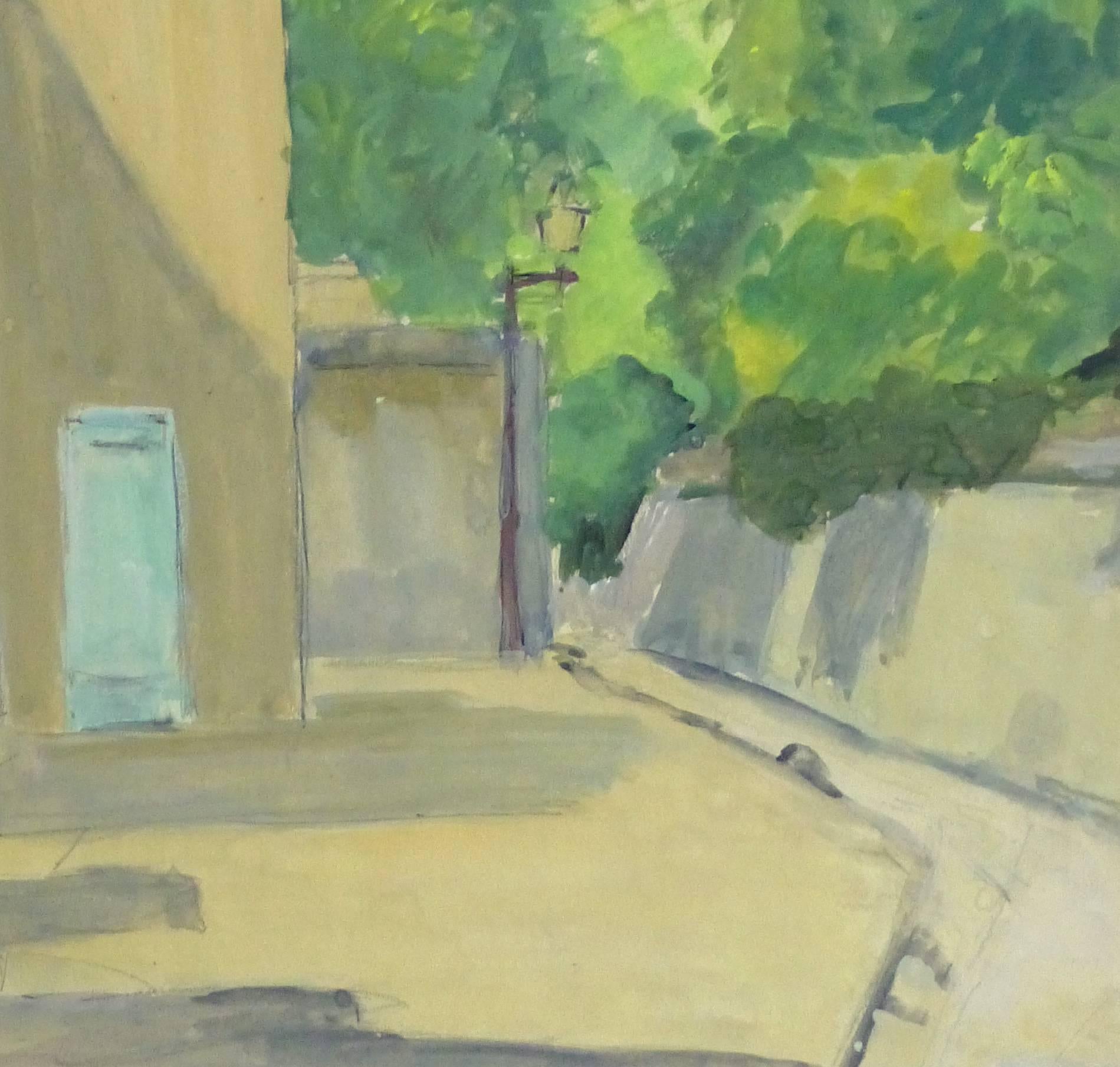 French Gouache - Paris Montmartre Alleyway - Painting by André Poirrier